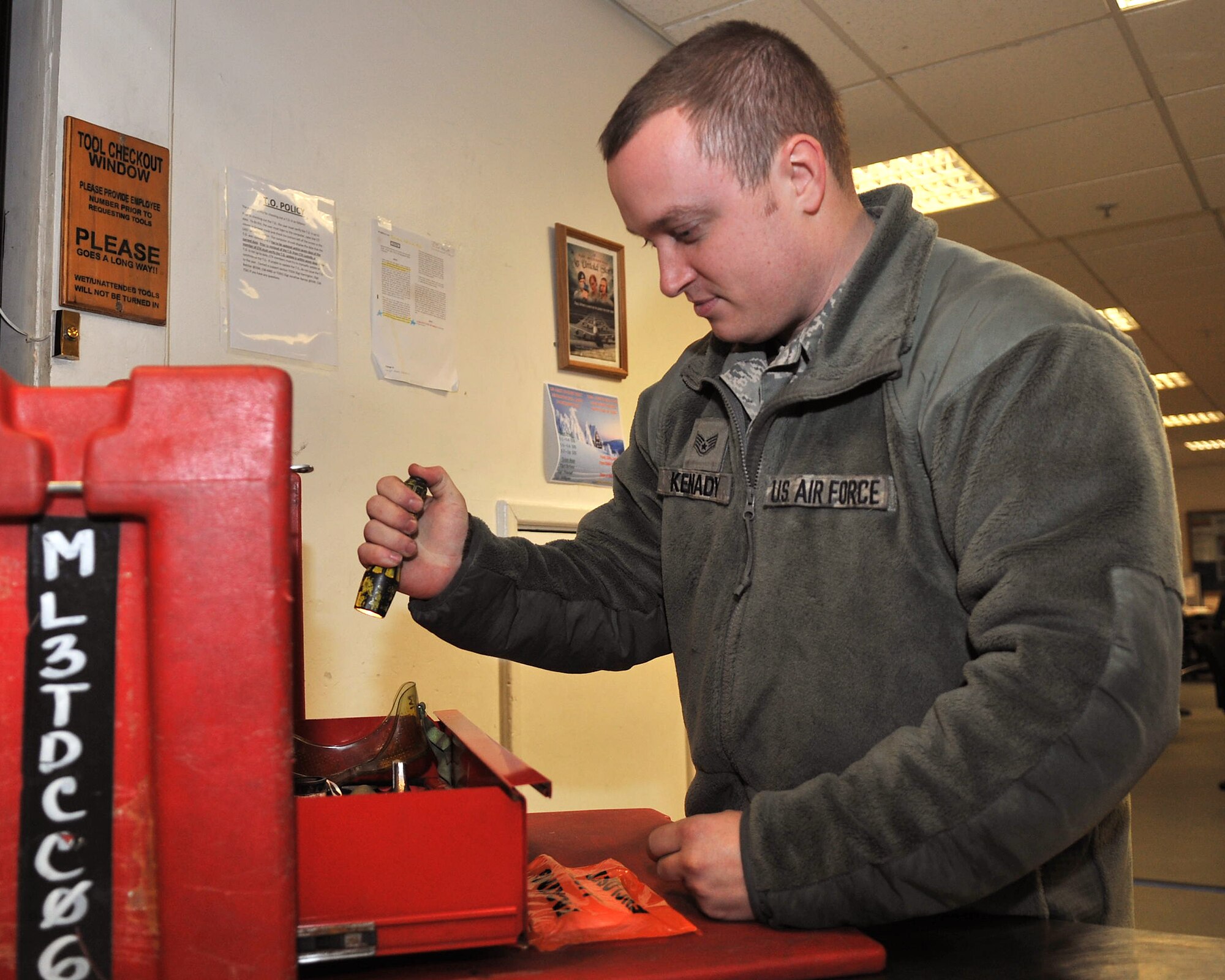 Tech. Sgt. Scott Kenady, 100th Aircraft Maintenance Squadron crew chief, performs an inventory prior to checking out a tool box Nov. 27, 2012, at RAF Mildenhall, England. The section performs an inventory of tools and equipment at the beginning and end of each shift. (U.S Air Force photo by Senior Airman Jerilyn Quintanilla/Released)