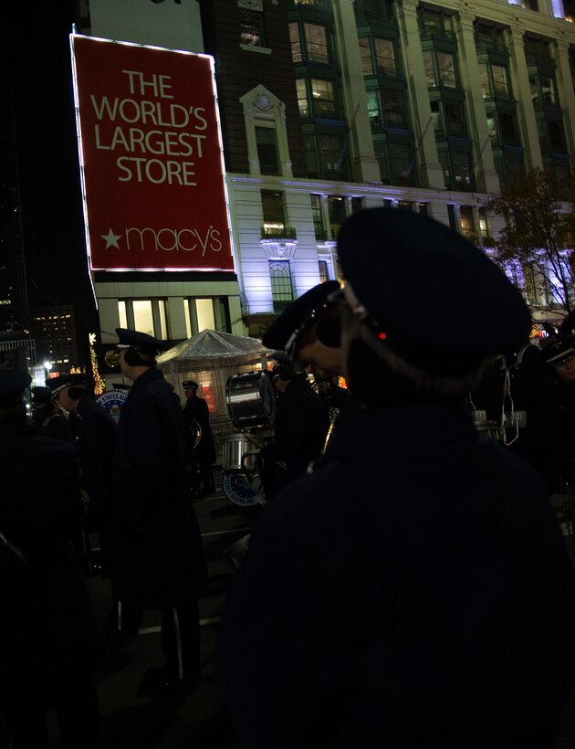 The U.S. Air Force Band and Honor Guard line up for practice at Herald Square, Nov. 22, 2012, in New York City. 200 Airmen will showcase Air Force power and precision to an expected television audience of 55 million viewers during the 86th Annual Macy's Thanksgiving Day Parade. (U.S. Air Force Photo/Senior Airman Perry Aston)(Released)