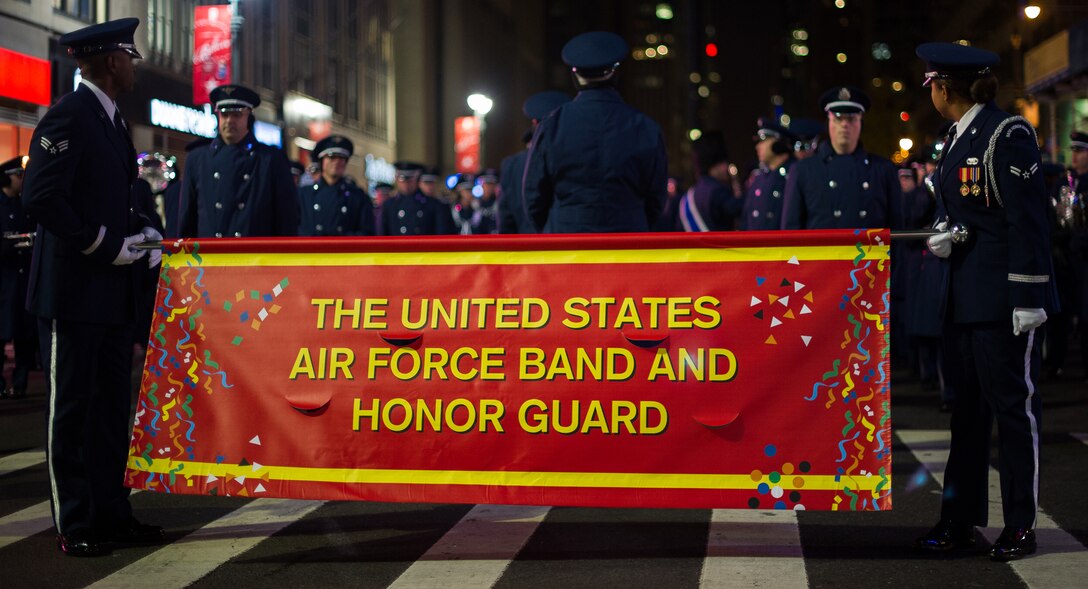 The U.S. Air Force Band and Honor Guard line up for practice at Herald Square, Nov. 22, 2012, in New York City. 200 Airmen will showcase Air Force power and precision to an expected television audience of 55 million viewers during the 86th Annual Macy's Thanksgiving Day Parade. (U.S. Air Force Photo/Senior Airman Perry Aston)(Released)