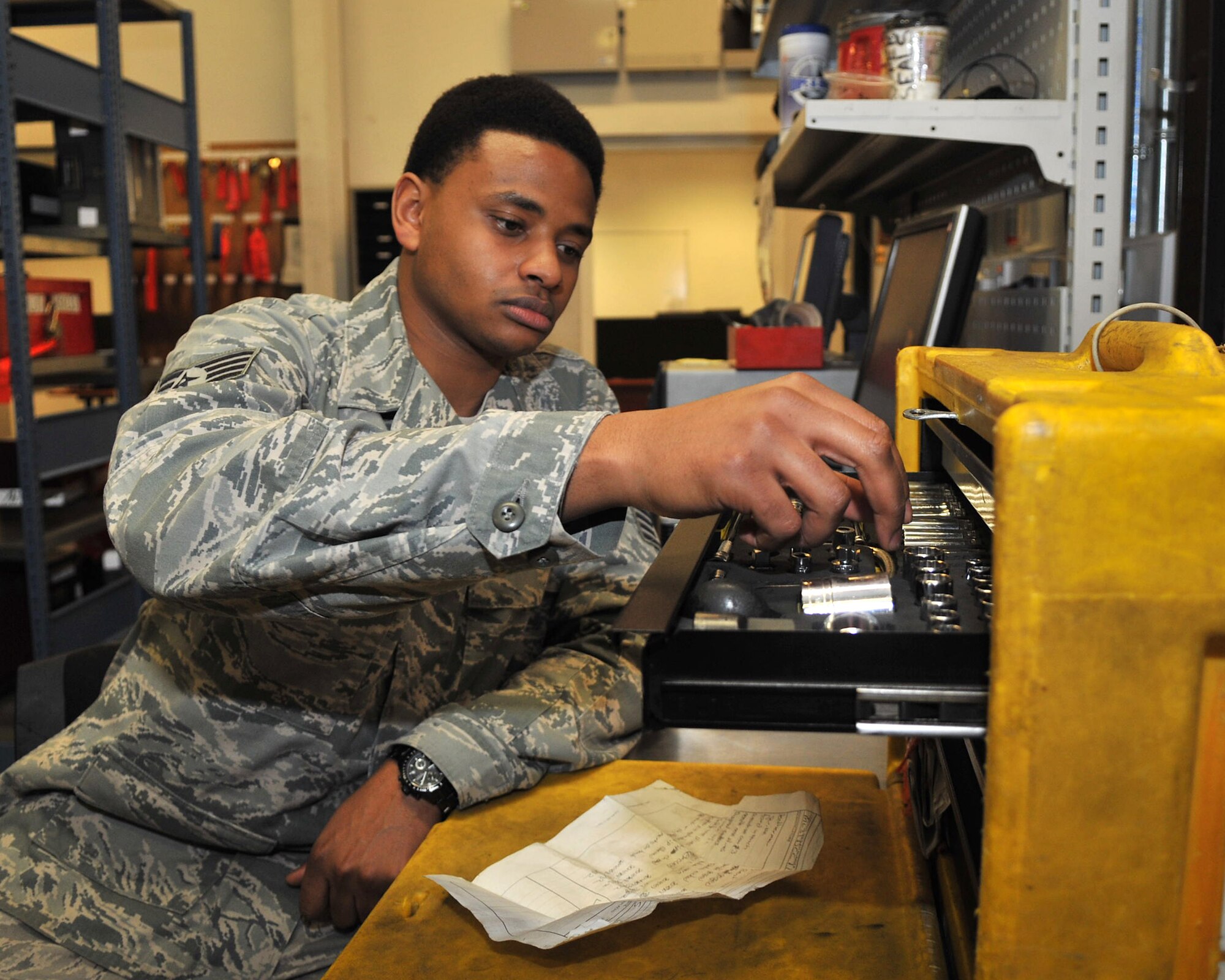 Staff Sgt. Jamie Harrington, 100th Aircraft Maintenance Squadron maintenance sortie support craftsman, does inventory of a crew chief tool box Nov. 27, 2012, at RAF Mildenhall, England. The sortie support section manages all tools and test equipment for the 100th Maintenance Group. (U.S. Air Force photo by Senior Airman Jerilyn Quintanilla/Released)