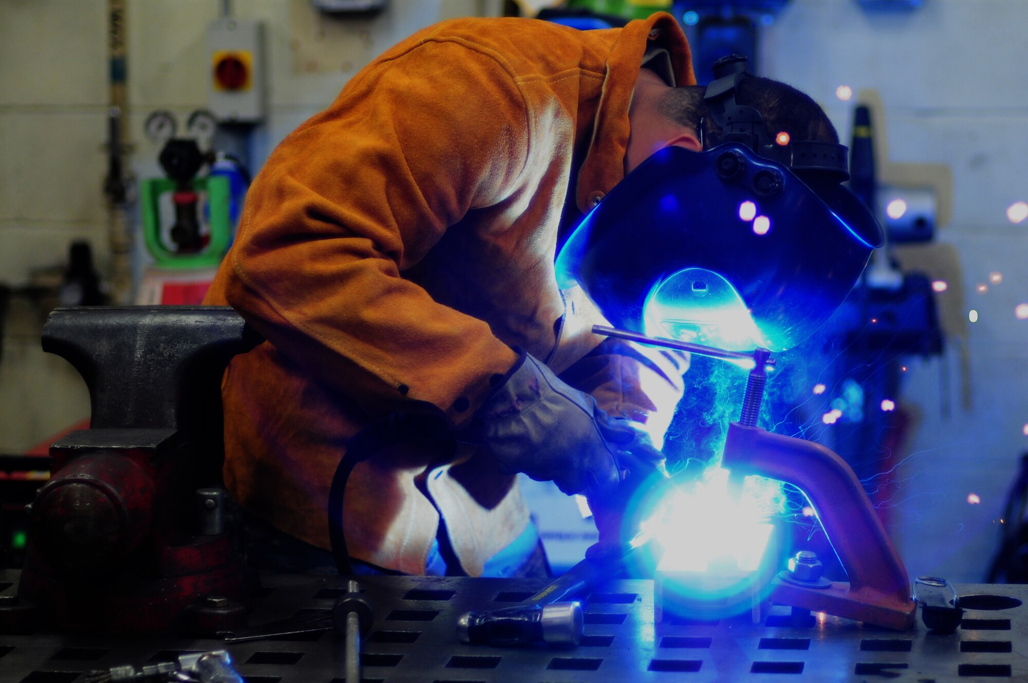 ROYAL AIR FORCE LAKENHEATH, England – Staff Sgt. Michael Hooper, 48th Equipment Maintenance Squadron metals technology craftsman, uses a metal inert gas welder Nov. 20, 2012. The 48th EMS metals technology shop’s mission is to function as the U.S. Air Force’s welders by fabricating or repairing aircraft and ground equipment components. (U.S. Air Force photo by Airman 1st Class Cory D. Payne)