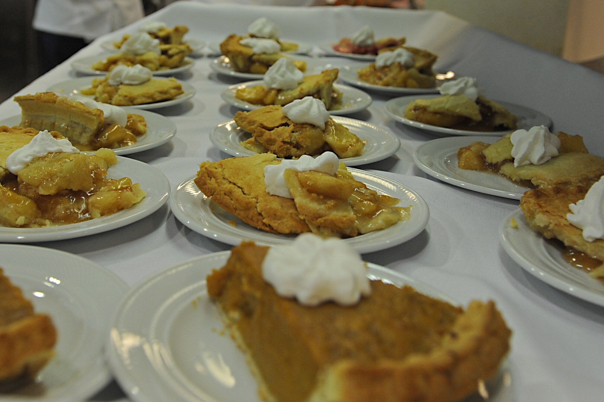 Airmen and their families enjoy delicious pie on Thanksgiving Day at the Rheinland Inn Dining Facility on Ramstein Air Base, Germany, Nov. 22, 2012. The dining facility along with many base leadership volunteers and their families served up a taste of home for KMC Airmen and their families. (U.S. Air Force photo/Airmen 1st Class Holly Cook)