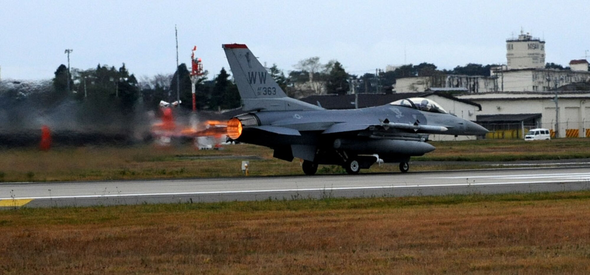 A U.S. Air Force F-16 Fighting Falcon aircraft takes off during Keen Sword 2013 at Misawa Air Base, Japan, Nov. 8, 2012. Keen Sword is a two-week long exercise that provides Airmen with an environment to enhance their mutual understanding of bilateral tactics, communication protocols and general interoperability. (U.S. Air Force photo by Airman 1st Class Kenna Jackson)