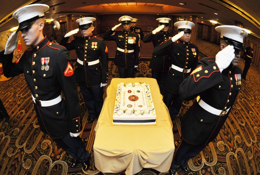 Members of the cake escort detail render a salute for the national anthem during Marine Corps Logistics Base Barstow’s annual birthday ball held Nov. 10 aboard the historic Queen Mary in Long...
