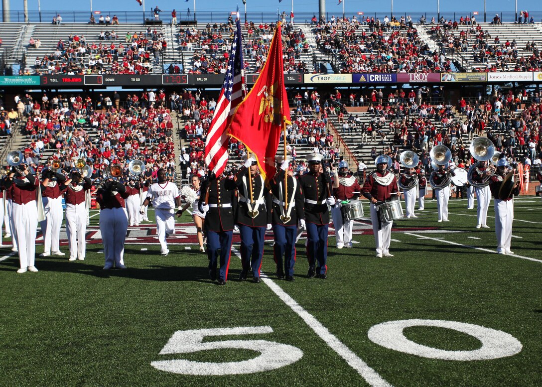 Marines with Recruiting Station Montgomery, AL, present the colors at the Troy vs Navy game November 10 at Troy University.