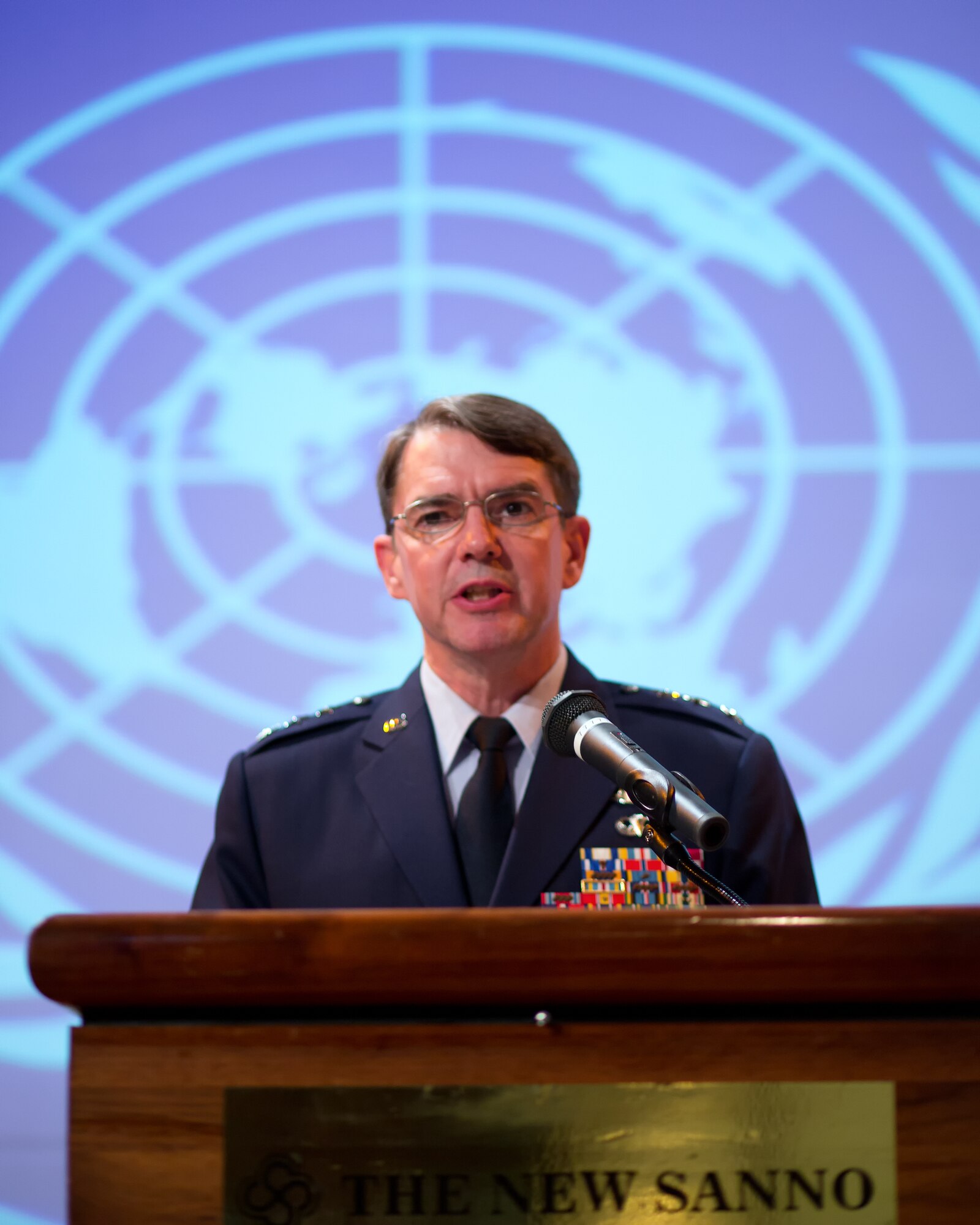 TOKYO, Japan -- U.S. Air Force Lt. Gen. Jan-Marc Jouas, United Nations Command Korea, deputy commander, U.S. Forces Korea, deputy commander, Air Component Command, Republic of Korea/U.S. Combined Forces Command, commander, 7th Air Force, commander, addresses the ceremony attendees, during the 67th Anniversary of the United Nations, Nov. 29, 2012 at New Sanno Hotel. (U.S. Air Force photo by Osakabe Yasuo)