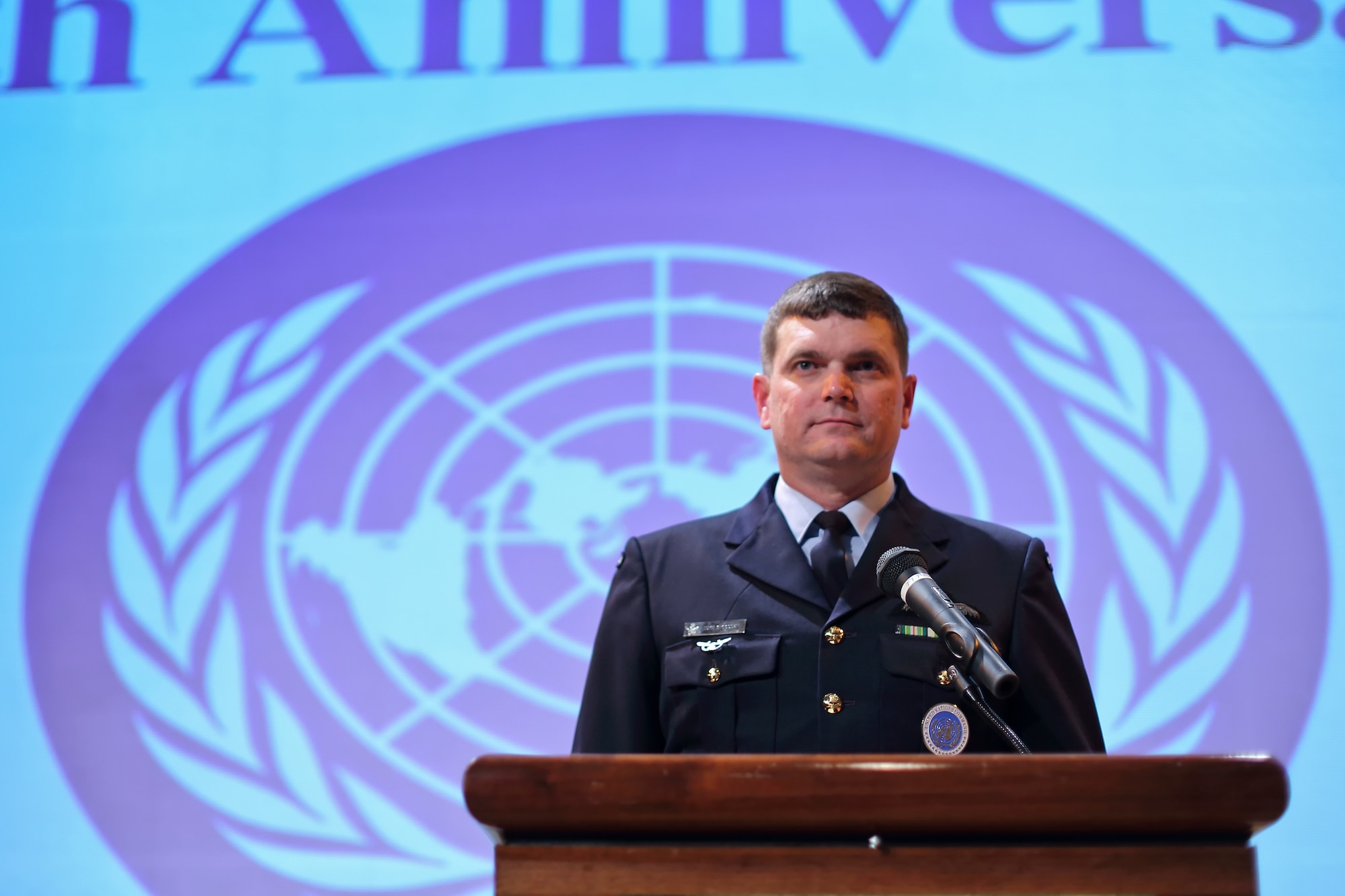 TOKYO, Japan -- Royal Australian Air Force Group Captain Luke Stoodley, United Nations Command (Rear) commander, is ready for speech, during the 67th Anniversary of the United Nations, Nov. 29, 2012 at New Sanno Hotel.  Stoodley assumed command of UNC(R) in Jan. 24, 2012. (U.S. Air Force photo by Osakabe Yasuo) 
