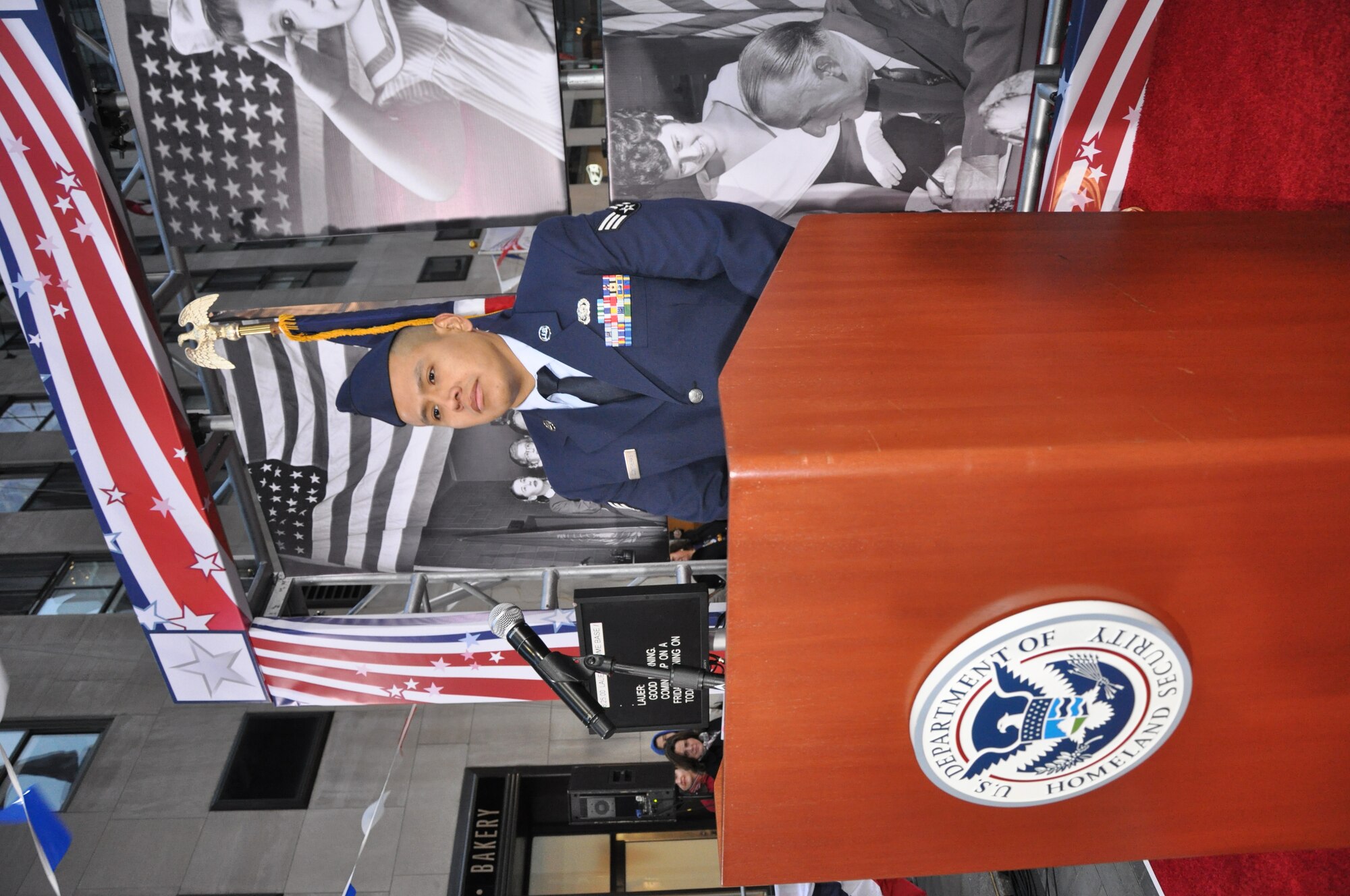 Senior Airman Jorge Contreras, 87th Logistics Readiness Squadron materiel management journeyman, prepares to say the Pledge of Allegiance live on the "Today Show" Nov. 16, 2012, at Rockefeller Plaza in New York City. Contreras traveled with his mother and girlfriend to New York City for the ceremony. (U.S. Air Force photo by 2nd Lt. Alexis McGee/Released)