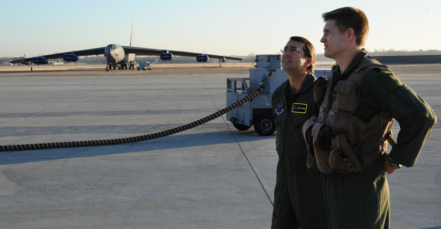 John Atkins (left), Shreveport-Bossier Military Affairs Council president, and Capt. Garrett Houk, 2nd Operations Support Squadron instructor pilot, wait to board a B-52H Stratofortress as part of an orientation flight on Barksdale Air Force Base, La., Nov. 28. The purpose of the flight was to give him a deeper understanding of the full spectrum of Air Force Global Strike Command mission and an appreciation for the quality Airmen and civilians who protect the nation every day. (U.S. Air Force photo/Senior Airman Sean Martin)