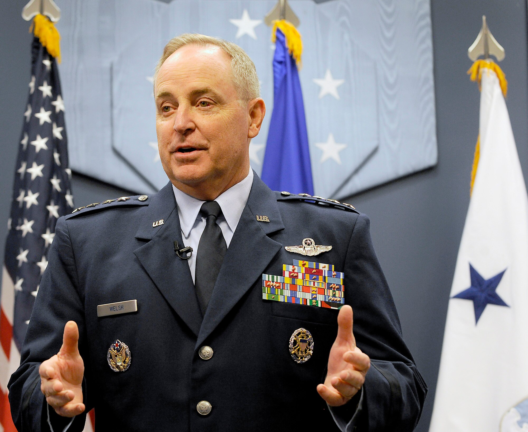 Air Force Chief of Staff Gen. Mark A. Welsh III congratulates winning members honored during the Air Force Chief of Staff Team Excellence awards in a Pentagon ceremony on Nov. 27, 2012.  The three teams which made the finals and recognized today were the Electronic Flight Bag Team from Headquarters, Air Mobility Command at Scott Air Force Base, Ill.; Air Force Research Laboratory's Radar Relocation Project Management Team, from the 213th Engineering Installation Squadron in Newburgh, N.Y.; and the B-2 Window Change Continuous Process Improvement Team, from the 509th Aircraft Maintenance Group, from Whiteman Air Force Base, Mo.  (U.S. Air Force photo/Scott M. Ash)