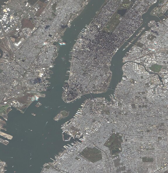 This satellite imagery of lower Manhattan taken after Hurricane Sandy ravaged many ocean-facing communities in the northeast is one of many provided by the Hanscom-based Eagle Vision program to emergency responders and others aiding in recovery efforts. (Courtesy image) 

