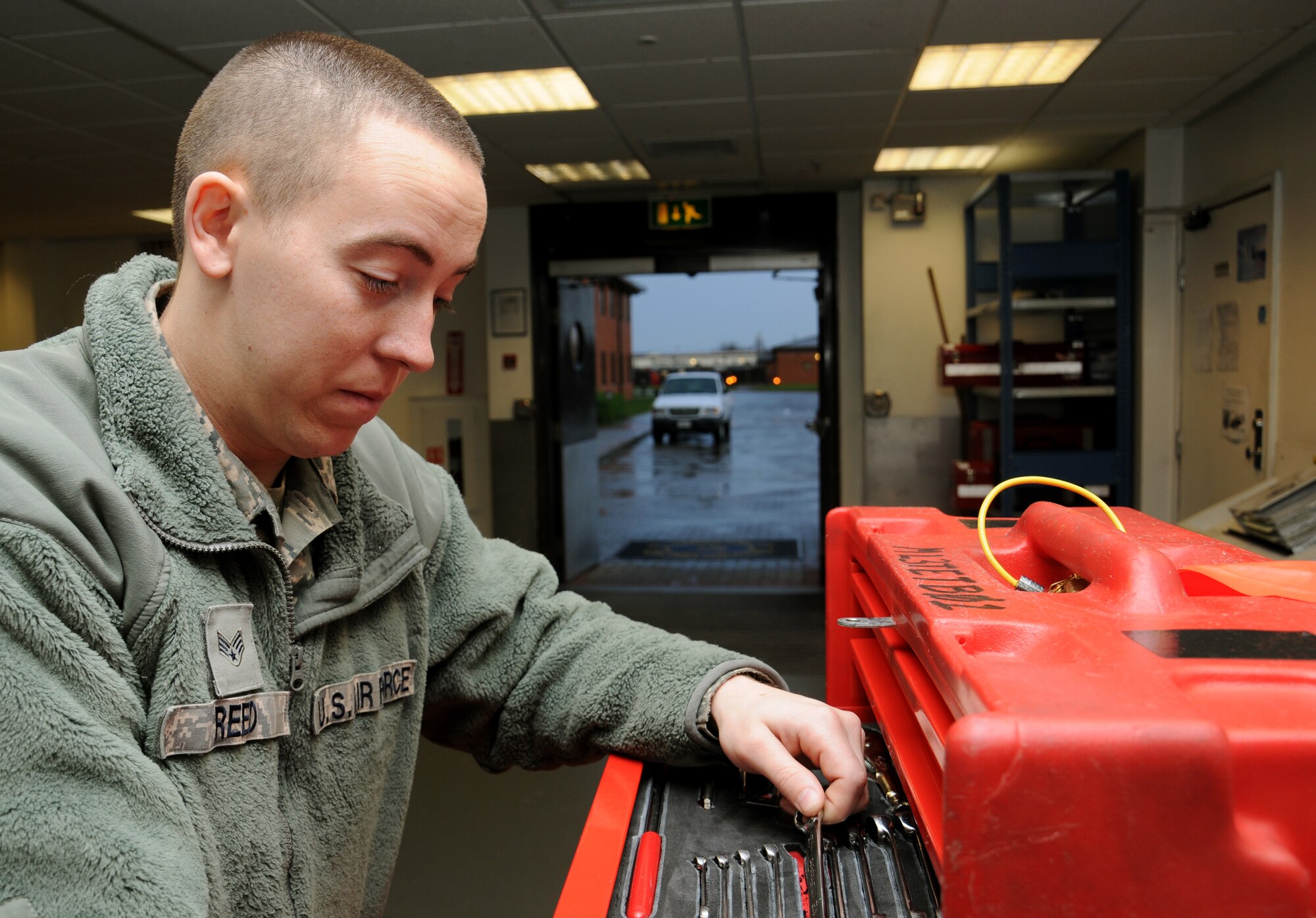 Senior Airman Eric Reed, 100th Aircraft Maintenance Squadron aircraft electrical & environmental system journeyman, performs an inventory of a tool box Nov. 27, 2012 at RAF Mildenhall, England. (U.S Air Force photo by Gina Randall/Released)