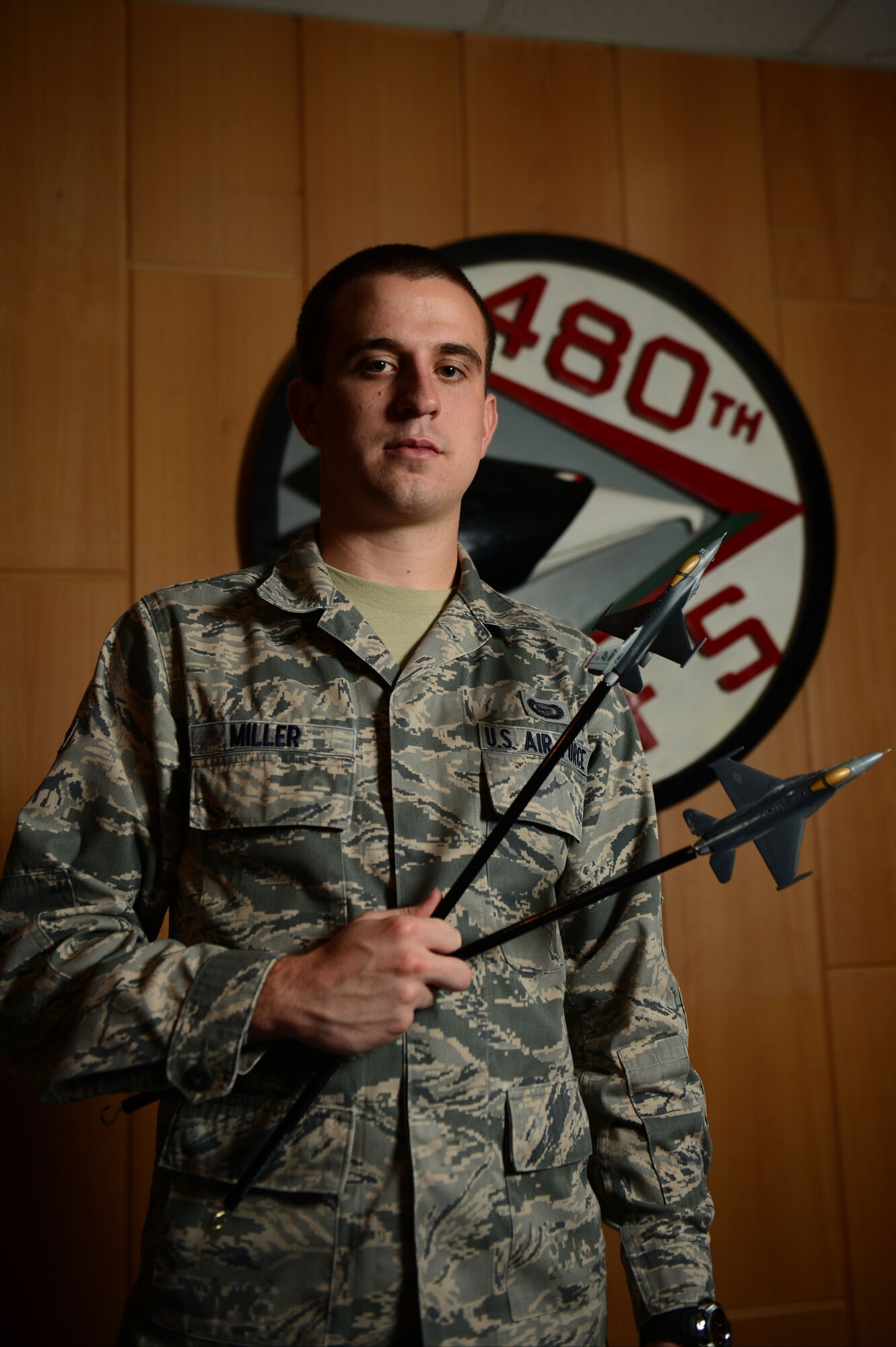 SPANGDAHLEM AIR BASE, Germany -- Airman 1st Class Carl Miller, 480th Fighter Squadron intelligence analyst, is the Super Saber Performer for the week of Nov. 29 - Dec. 5. (U.S. Air Force photo by Airman 1st Class Gustavo Castillo/Released)