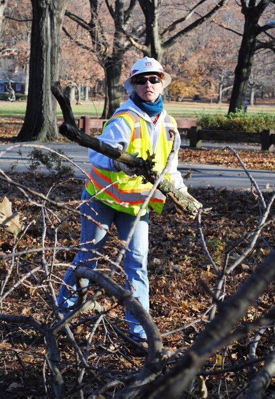 Frani Nelsen, a quality assurance specialist with the U.S. Army Corps of Engineers New York Recovery Field Office, tosses a tree branch, Nov. 22, 2012, into a pile to be chopped and hauled out to temporary collection sites set up throughout New York City. Nelsen is one of more than 150 Corps of Engineers volunteers from around the U.S. helping New York recover.