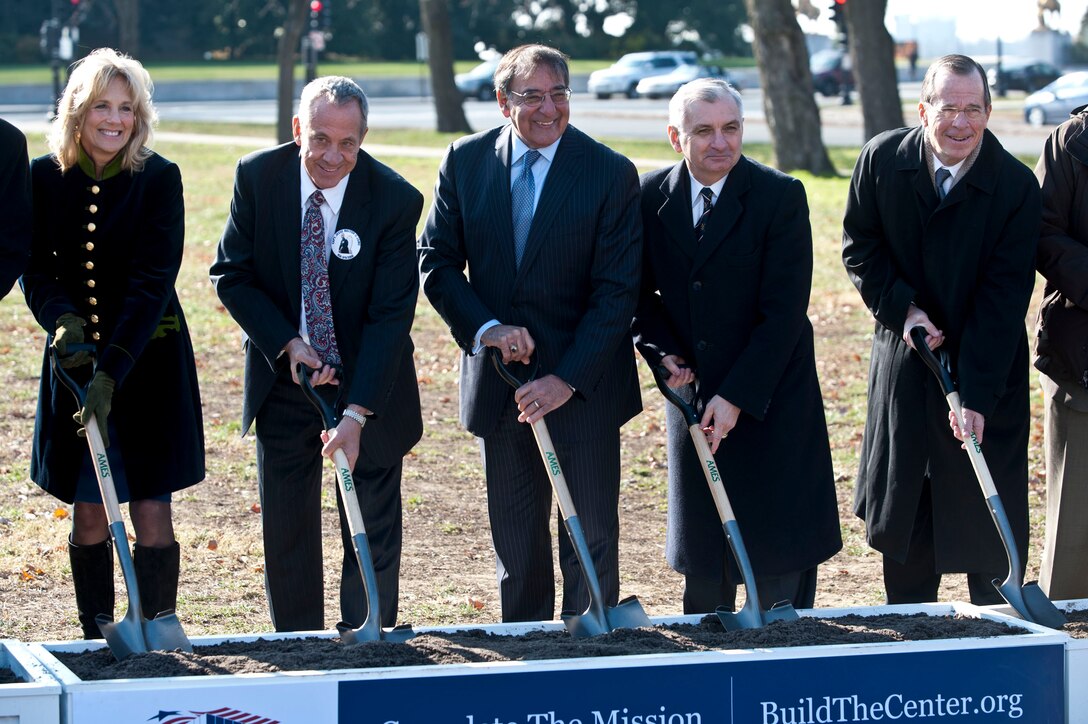 Dr. Jill Biden, wife of Vice President Joe Biden, Jan Scruggs, founder of the Vietnam Veterans Memorial, Defense Secretary Leon E. Panetta, Sen. Jack Reed of Rhode Island, and retired Navy Adm. Mike Mullen, former chairman of the Joint Chiefs of Staff, participate in a groundbreaking ceremony for the education center at the Vietnam Veterans Memorial “Wall” in Washington, D.C., Nov. 28, 2012. DOD photo by U.S. Navy Petty Officer 1st Class Chad J. McNeeley