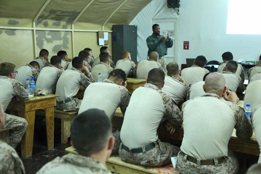 U.S. Marines assigned to Battalion Landing Team 3/5, 15th Marine Expeditionary Unit (MEU) learn combat life-saving skills (CLS) during a CLS class at Camp Buehring, Kuwait, Nov. 23. The 15th MEU is deployed with the Peleliu Amphibious Ready Group as a U.S. Central Command theater reserve force, providing support for maritime security operations and theater security cooperation efforts in the U.S. 5th Fleet area of responsibility. (U.S. Marine Corps photo by Cpl. Timothy R. Childers/Released)
