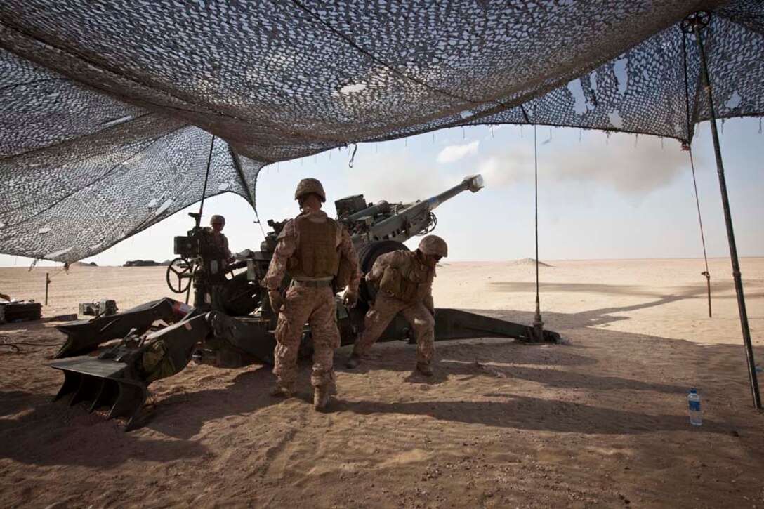 U.S. Marines with Bravo Battery, 1st Battalion, 11th Marine Regiment, 15th Marine Expeditionary Unit, fire the M777A2 Lightweight Howitzer as part of Eager Mace 13, aboard Forward Operating Base Sword, Kuwait November 14, 2012. The purpose of the exercise is to expand levels of cooperation, maritime capabilities, as well as promote long-term regional stability and interoperability between U.S. forces and regional partners. (U.S. Marine Corps photo by Cpl. Bobby J. Gonzalez/Not Reviewed)