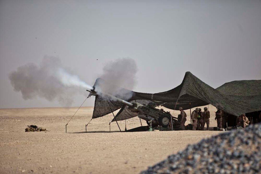 U.S. Marines with Bravo Battery, 1st Battalion, 11th Marine Regiment, 15th Marine Expeditionary Unit, fire the M777A2 Lightweight Howitzer as part of Eager Mace 13, aboard Forward Operating Base Sword, Kuwait November 14, 2012. The purpose of the exercise is to expand levels of cooperation, maritime capabilities, as well as promote long-term regional stability and interoperability between U.S. forces and regional partners. (U.S. Marine Corps photo by Cpl. Bobby J. Gonzalez/Not Reviewed)