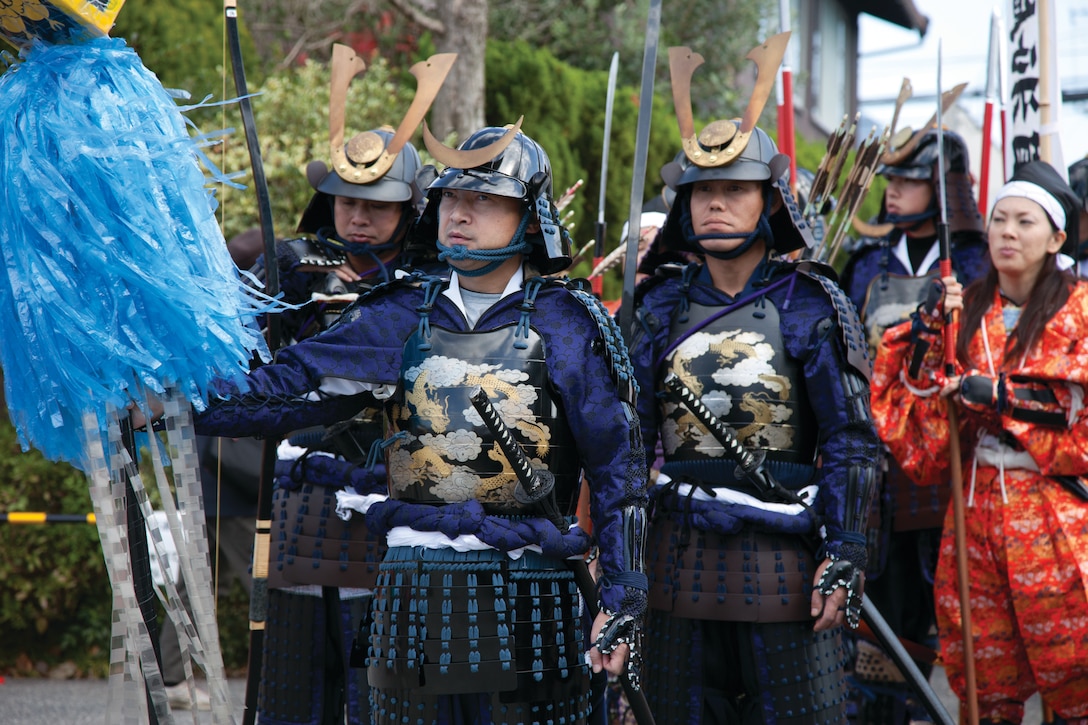 Marine Corps Air Station Iwakuni, Japan, volunteers participated in the Kuragake Castle Festival in Kuga, Iwakuni City, Nov. 18, 2012. The festival began at the Kuga train station and paraded through the streets of town and ended at the town square. The parade ended with a reenactment of the final meeting for the Samurai before a famous 16th century battle.