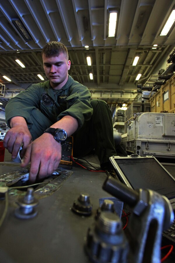 USS IWO JIMA, Mediterranean Sea (Nov. 27, 2012) - Lance Cpl. Timothy Moore, a Morgantown, West Va., native with Marine Medium Tiltrotor Squadron 261 (Reinforced), 24th Marine Expeditionary Unit, inspects the wiring of an AV-8B Harrier aboard USS Iwo Jima, Nov. 27, 2012. The 24th Marine Expeditionary Unit is deployed with the Iwo Jima Amphibious Ready Group in the 6th Fleet area of responsibility serving as an expeditionary crisis response force capable of a variety of missions, from full-scale combat to evacuations and humanitarian assistance. Since deploying in March, they have supported a variety of missions in the U.S. Central, Africa and European Commands, assisted the Navy in safeguarding sea lanes, and conducted various bilateral and unilateral training events in several countries in the Middle East and Africa. (U.S. Marine Corps photo by Lance Cpl. Tucker S. Wolf/Released)