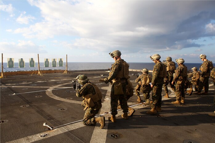 USS NEW YORK, Mediterranean Sea (Nov. 26, 2012) – Marines with India Battery, the artillery unit attached to Battalion Landing Team 1st Battalion, 2nd Marine Regiment, 24th Marine Expeditionary Unit, fire at stationary targets during combat marksmanship training on the flight deck of the USS New York , Nov. 26, 2012. The 24th Marine Expeditionary Unit is deployed with the Iwo Jima Amphibious Ready Group in the 6th Fleet area of responsibility, serving as an expeditionary crisis response force capable of a variety of missions from full-scale combat to evacuations and humanitarian assistance. (Marine Corps photo by Cpl. Michael Petersheim)
