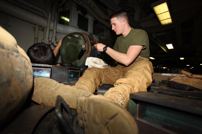 USS IWO JIMA, Mediterranean Sea (Nov. 26, 2012) - Marines with Weapons Company, Battalion Landing Team 1st Battalion, 2nd Marine Regiment, 24th Marine Expeditionary Unit, conduct routine  maintenance on an M1A1 Abrams tank aboard USS Iwo Jima, Nov. 26, 2012. The 24th Marine Expeditionary Unit is deployed with the Iwo Jima Amphibious Ready Group in the 6th Fleet area of responsibility serving as an expeditionary crisis response force capable of a variety of missions, from full-scale combat to evacuations and humanitarian assistance. Since deploying in March, they have supported a variety of missions in the U.S. Central, Africa and European Commands, assisted the Navy in safeguarding sea lanes, and conducted various bilateral and unilateral training events in several countries in the Middle East and Africa. (U.S. Marine Corps photo by Lance Cpl. Tucker S. Wolf/Released)