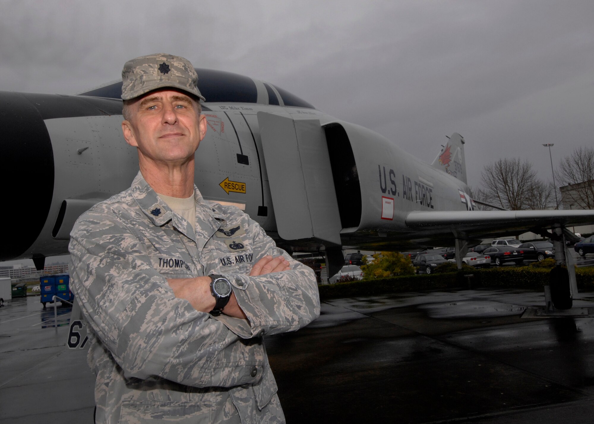 Oregon Air National Lt. Col. Gary Thompson stands in front of the F-4C aircraft on display at the Portland Air National Guard Base, Portland, Ore., on his last day of active, Oct. 31, 2012. Thompson won the top shooter award as a Weapons Systems Officer flying in one of the 142nd Fighter Wing's F-4C models at the 1988 William Tell Weapons meet at Tyndall AFB, Fla. (U.S. Air Force photo by Tech. Sgt. John Hughel, 142nd Fighter Wing Public Affairs / released)  
