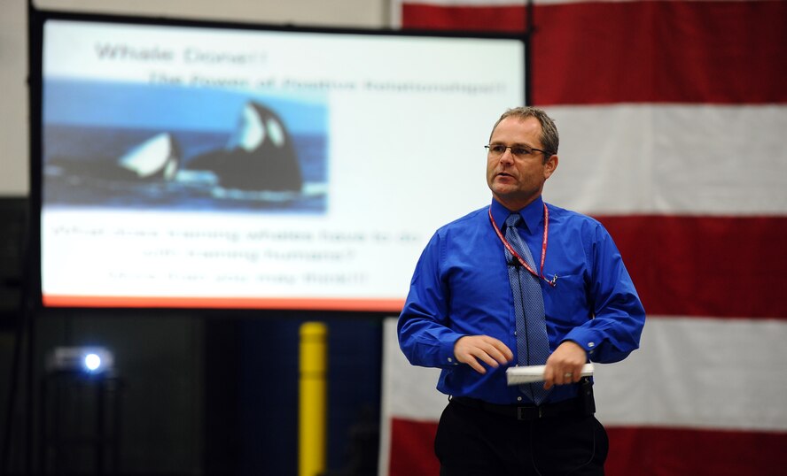 Dale Sunderman, Family Advocacy Outreach Manager, give his second Wingman Day briefing on the Power of Positive Relationships inside of the Dock 1 hangar of the Bennie Davis Maintenance Facility on Offutt Air Force Base, Neb., Nov. 26.  The Power of Positive Relationships was geared primarily at those Airmen who take on a leadership role in their workplace.  An array of briefings were conducted throughout the base as part of the annual Wingman Day.  (U.S. Air Force photo by Josh Plueger/Released)