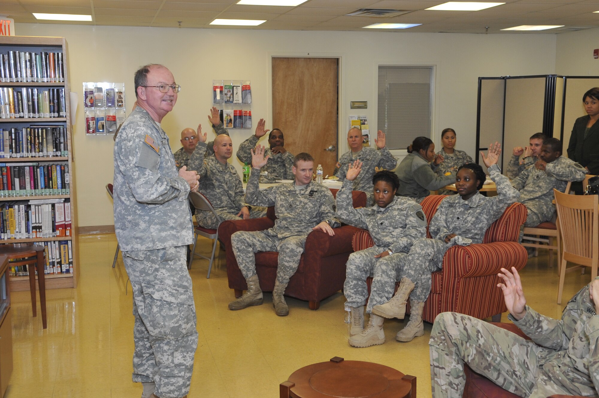 Maj. Gen. William D. Razz Waff, 99th Regional Support Command commanding general, stresses the importance for proper documentation to service members assigned to the Warrior Transition Unit during Warrior Care Month Nov. 15, 2012, at the Soldier and Family Assistance Center on Joint Base McGuire-Dix-Lakehurst. Waff, a health care practitioner with a doctorate in medical records, was the guest speaker for WCM which was also celebrating ‘Soldiers Appreciation Month’.  (U.S. Air Force photo by Wayne Russell/Released)