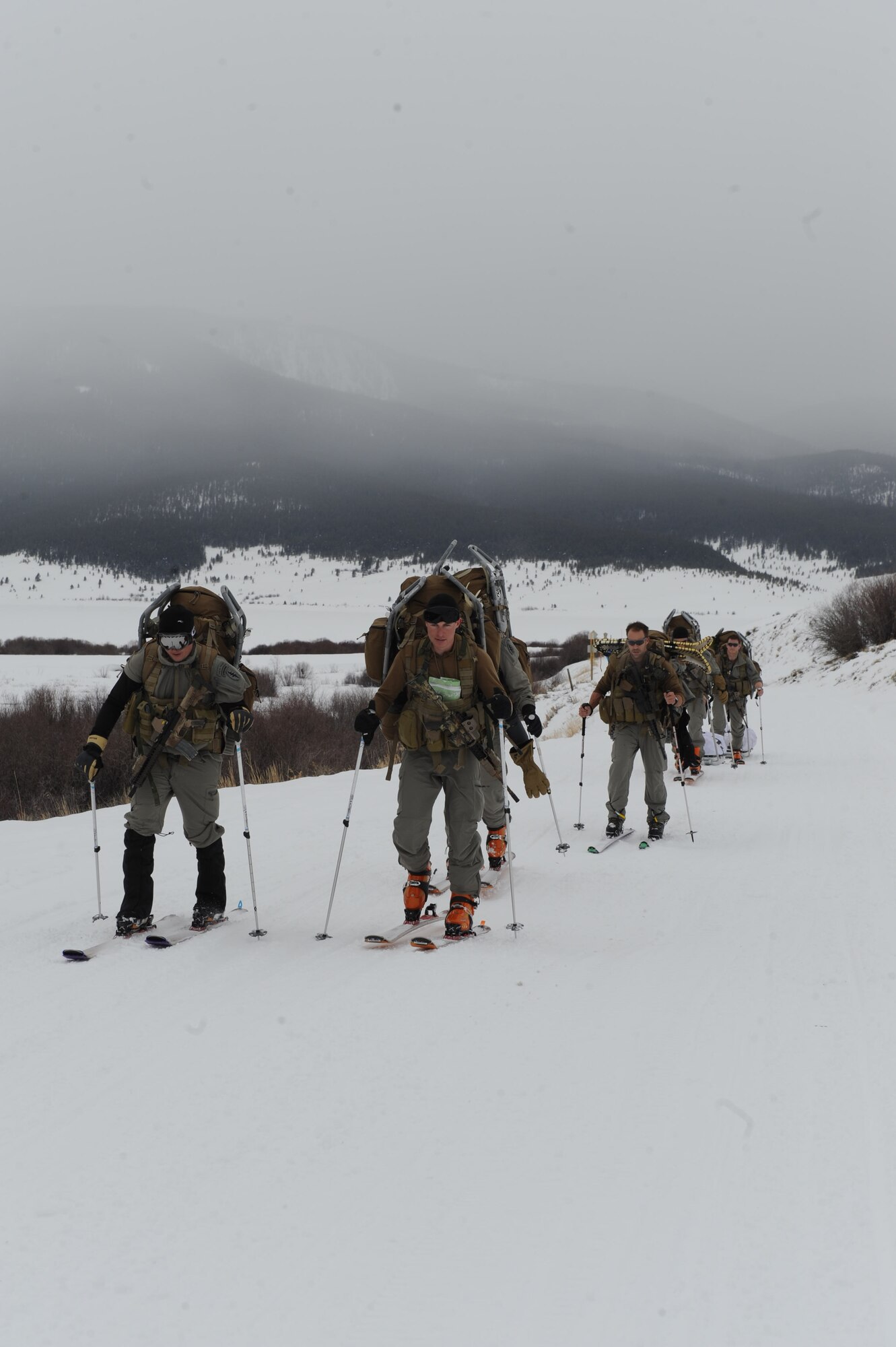 A five-man Special Operation Weather Team participates in avalanche and environmental reconnaissance training. This type of training is usually completed in locations like Wyoming or Alaska, where they can hone their avalanche prediction skills. (courtesy photo)