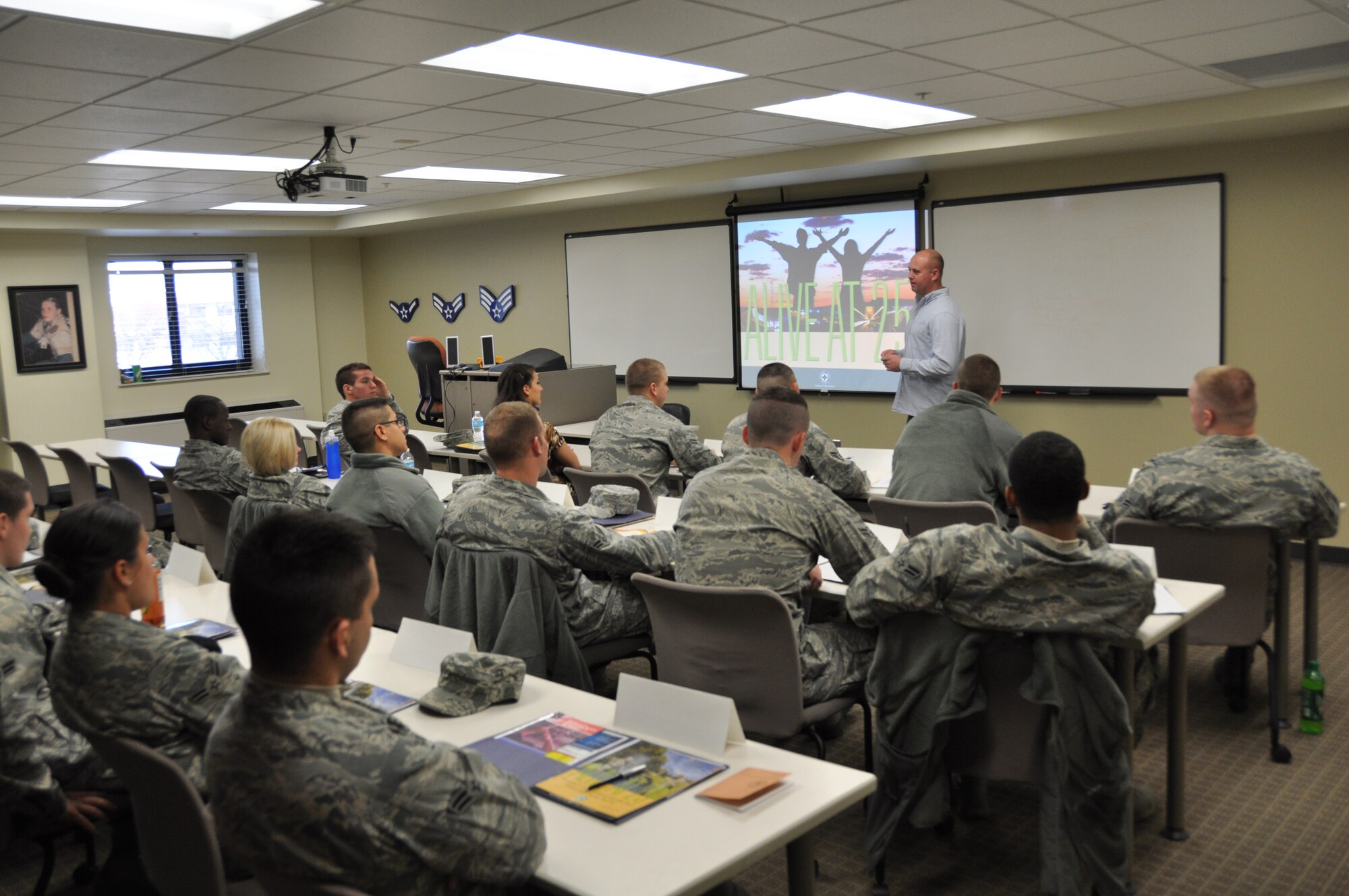 Master Sgt. Robert Wynn, 512th Maintenance Squadron NCO in charge of the aerospace ground equipment dispatch and repair section, conducts an Alive at 25 driving education briefing for more than a dozen Airmen on Dover Air Force Base, Del., Nov. 28, 2012. This additional duty was one of several accomplishments that earned him the Air Force Reserve Command’s NCO of the Year Ground Safety Award for fiscal 2012. (U.S. Air Force photo/Senior Airman Joe Yanik)