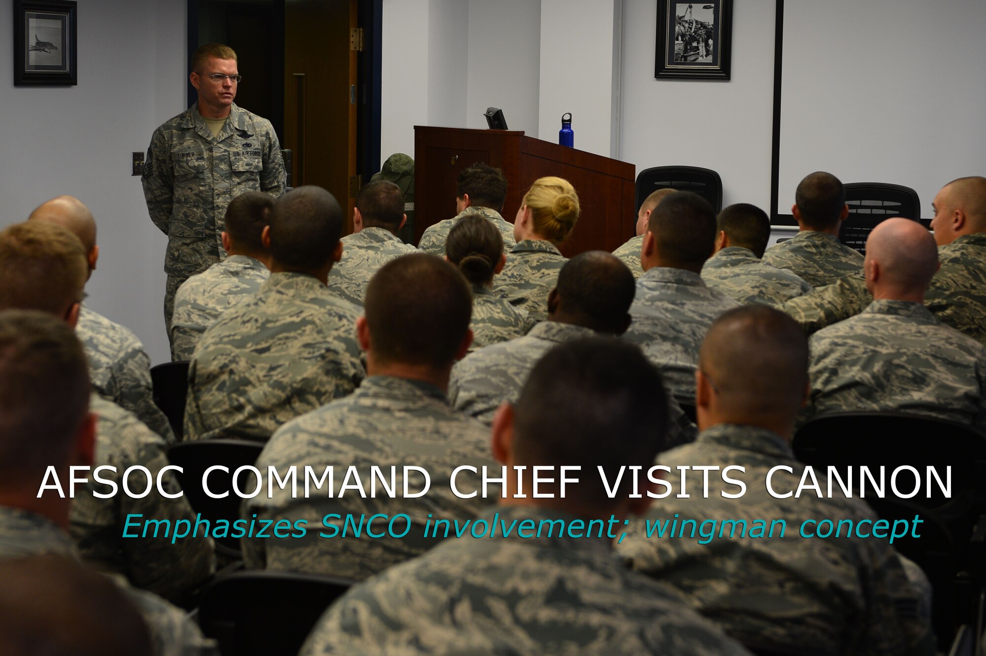 U.S. Air Force Chief Master Sgt. William Turner, Air Force Special Operations Command command chief, speaks to students in the Airman Leadership School at Cannon Air Force Base, N.M., Nov. 28, 2012. Turner met with several squadrons and professional organizations during his visit to the western home of Air Commandos. (U.S. Air Force photo/Airman 1st Class Eboni Reece)