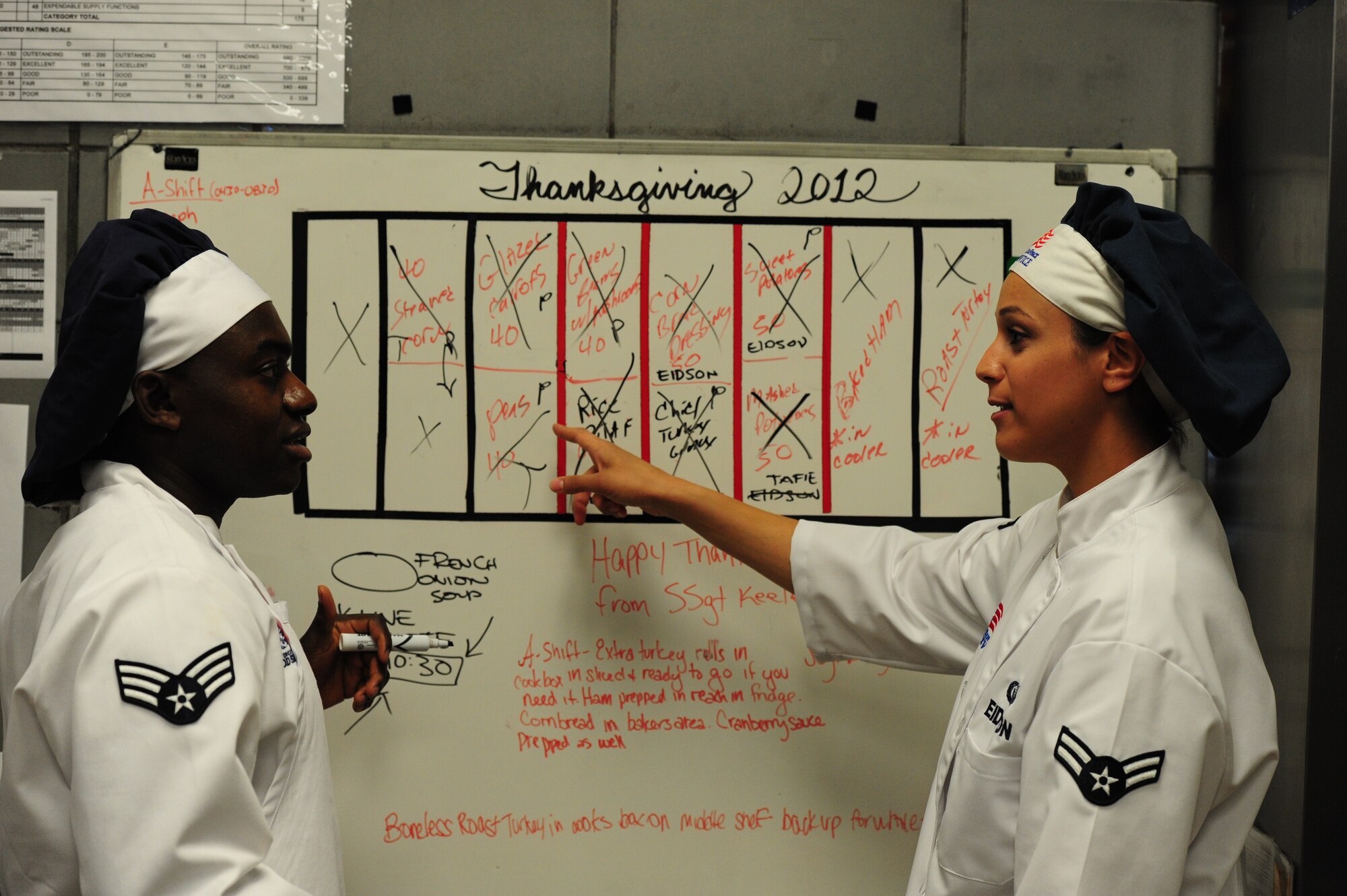 Senior Airman Duzaghi Tafie and Airman 1st Class Taqla Eidson, Ozark Inn Dining Facility team member, discuss specifics for the Thanksgiving Day Meal, Nov. 22 at Whiteman Air Force Base, Mo. Each year the dining facility hosts a Thanksgiving Day meal for Airmen and their families. This event boosts morale for Airmen that are working through the holidays and can’t make it home to their families. (U.S. Air Force photo/Senior Airman Nick Wilson) (Released)