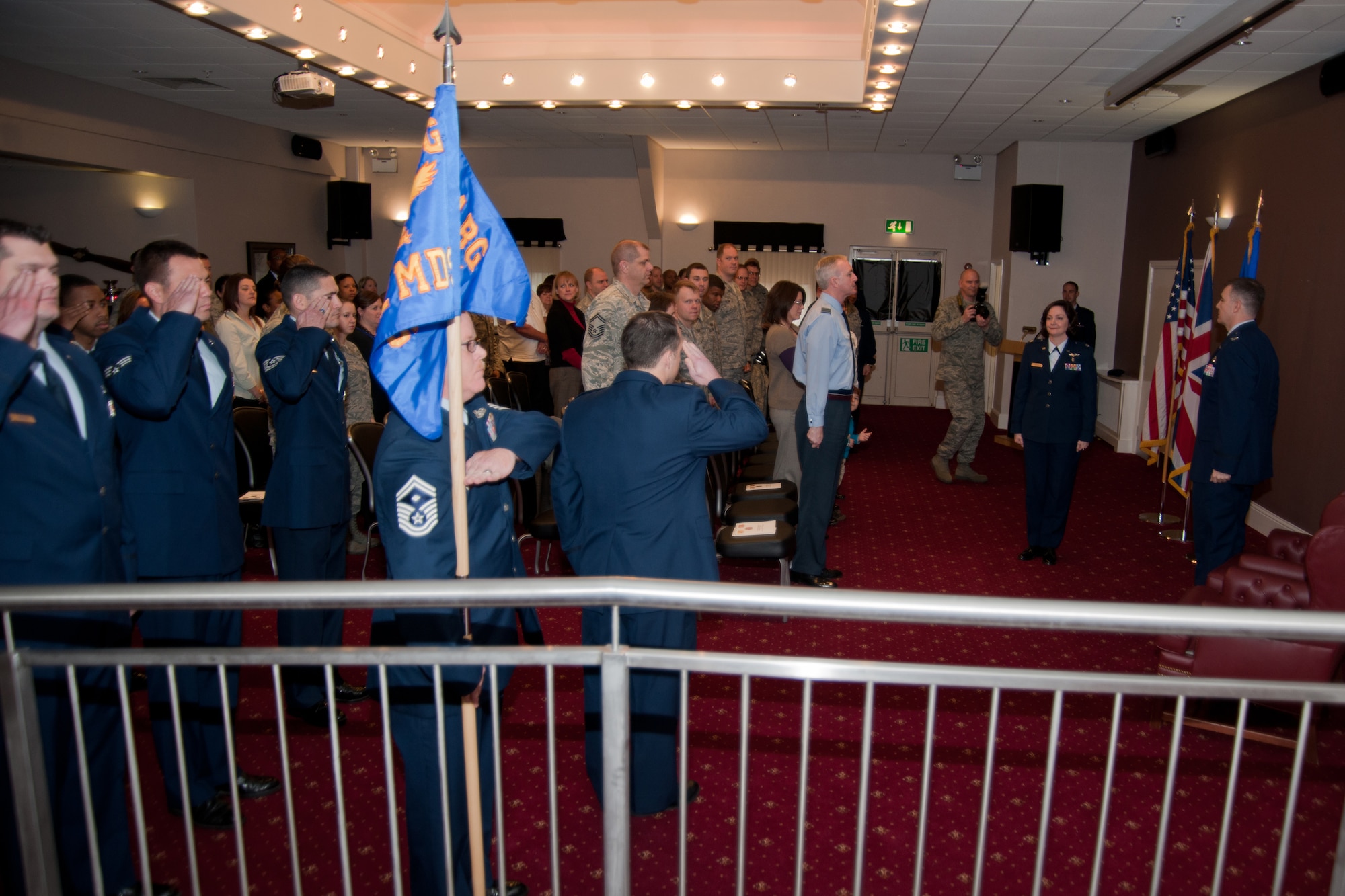 RAF CROUGHTON, United Kingdom - Lt. Col. Stephanie McCue receives her first salute as the commander of the 422nd Medical Squadron during an activation ceremony at the RAF Croughton Crown Nov. 28. (U.S. Air Force photo by Staff Sgt. Brian Stives) 