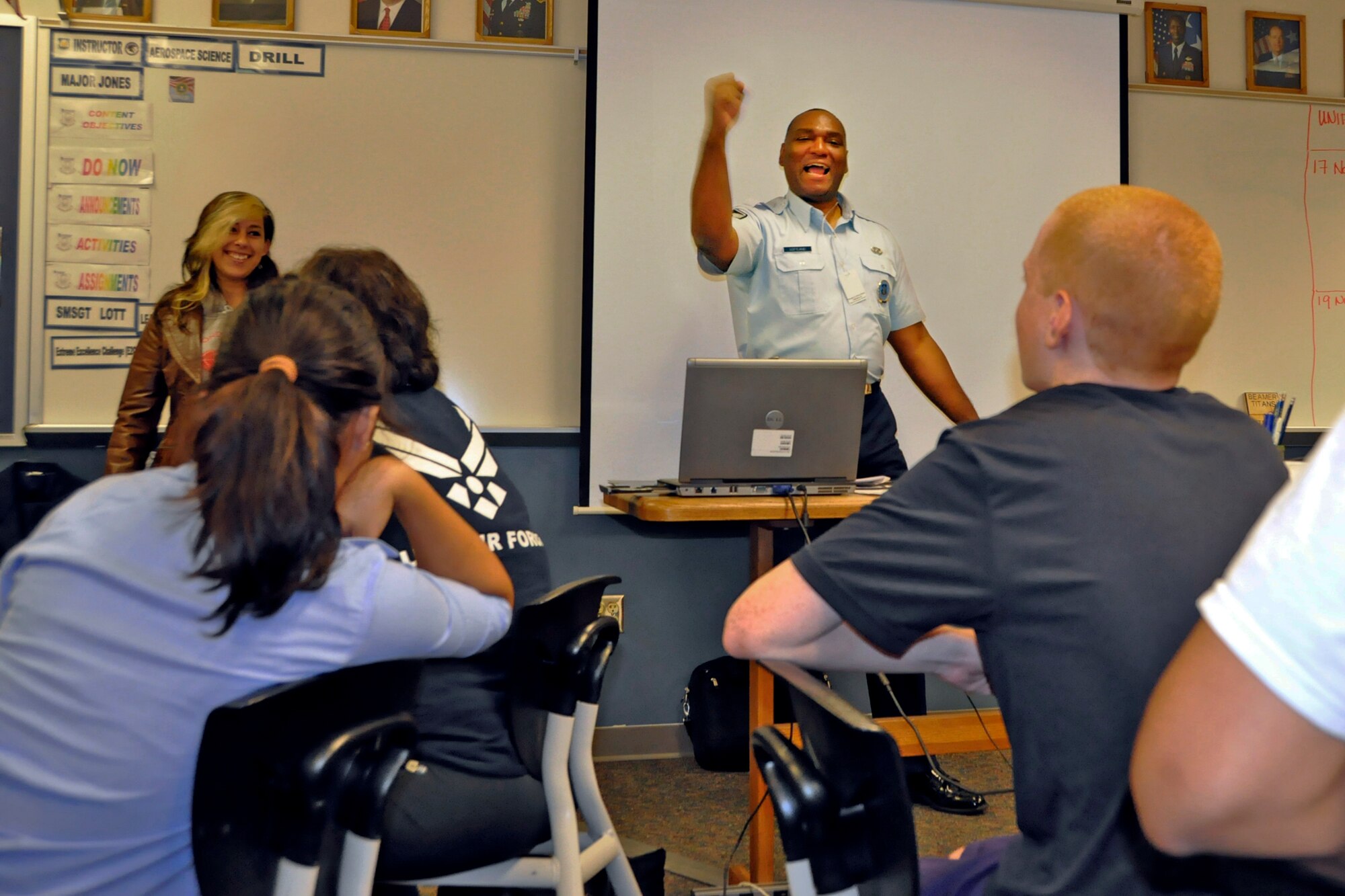 Master Sgt. Charles Loftland, a recruiter for the 446th Airlift Wing at McChord Field, entertains a class of Air Force Junior Reserve Officers' Training Corps cadets at Todd Beamer High School in Federal Way, Wash., Nov. 15. Loftland regularly visits high schools around Northwest Washington state to mentor students, talk about life goals and explain the benefits of joining the Air Force Reserve. (U.S. Air Force Photo/Staff Sgt. Rachael Garneau)