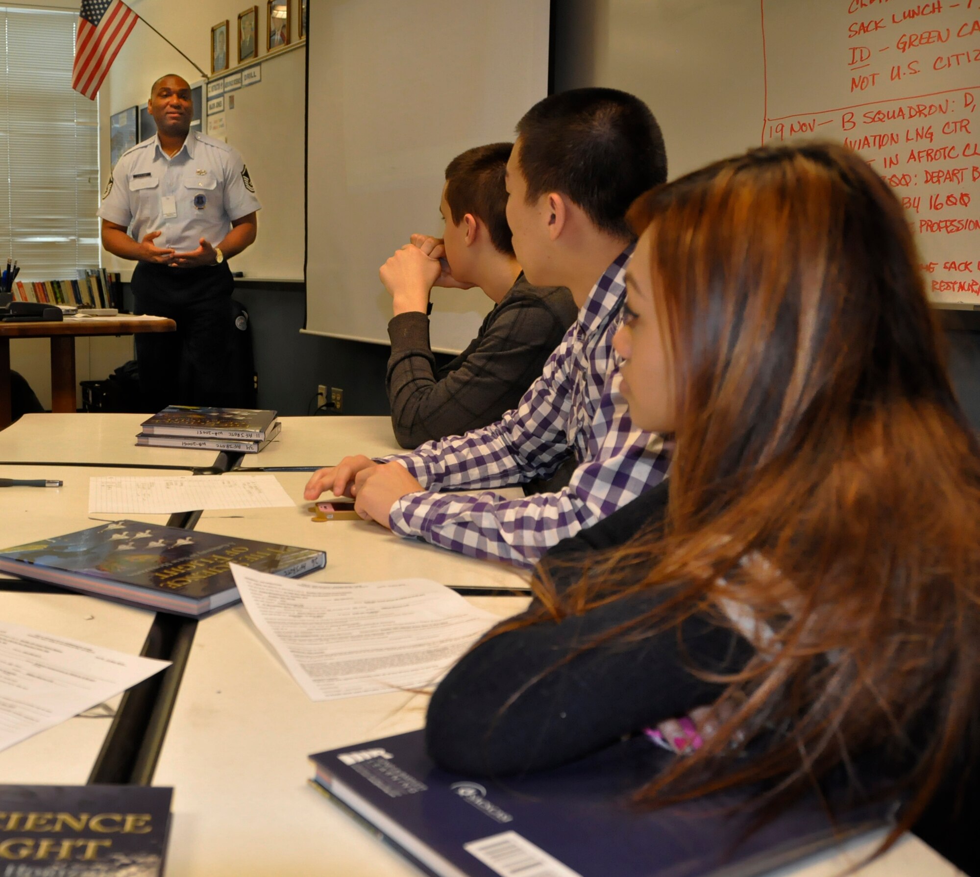 Master Sgt. Charles Loftland, a recruiter for the 446th Airlift Wing at McChord Field, talks about picking a career field to a class of Air Force Junior Reserve Officers' Training Corps cadets at Todd Beamer High School in Federal Way, Wash., Nov. 15. Loftland regularly visits high schools around Northwest Washington state to mentor students, talk about life goals and explain the benefits of joining the Air Force Reserve. (U.S. Air Force Photo/Staff Sgt. Rachael Garneau)