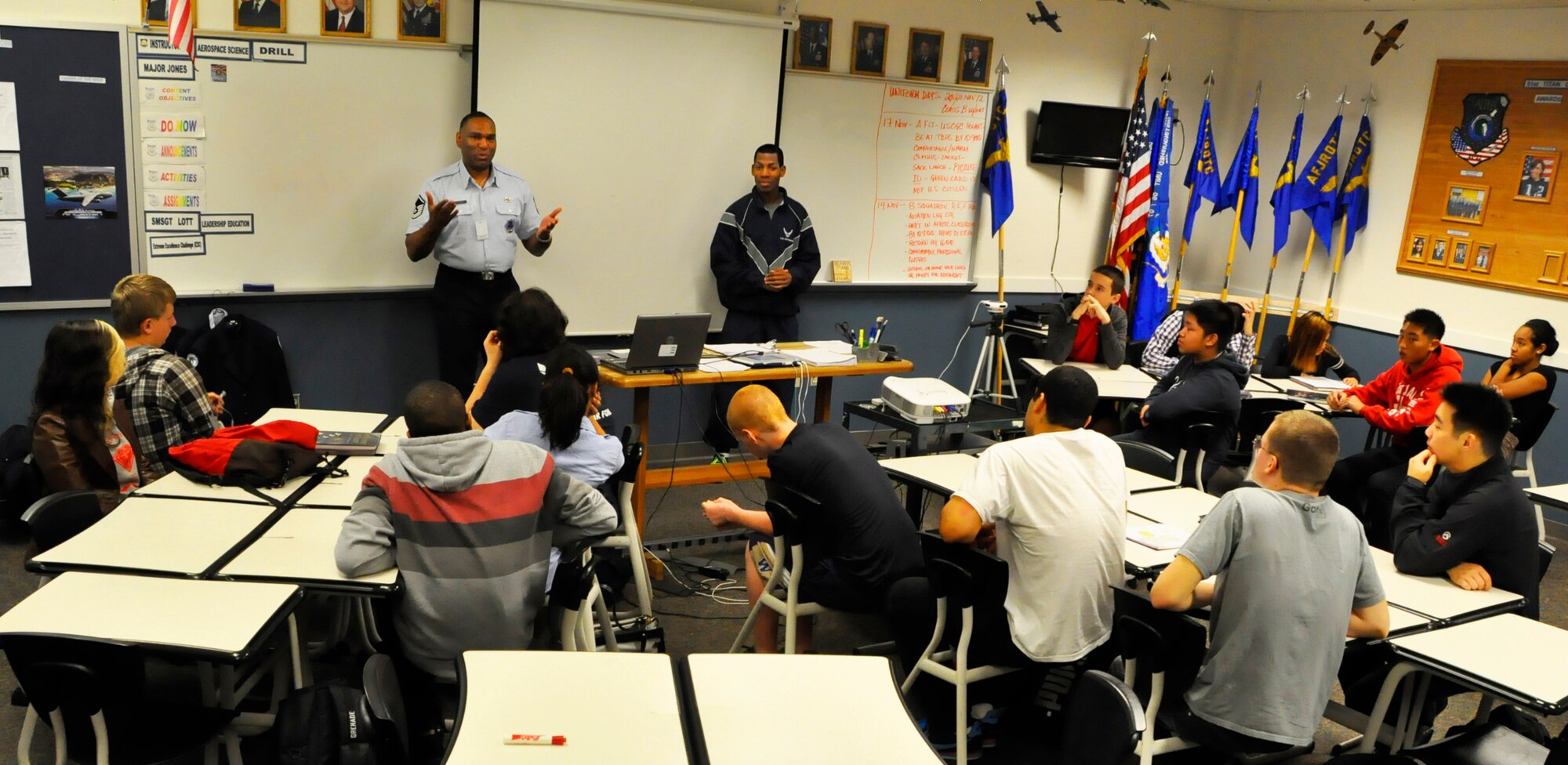 Master Sgt. Charles Loftland, a recruiter for the 446th Airlift Wing at McChord Field, explains service standards to a class of Air Force Junior Reserve Officers' Training Corps cadets at Todd Beamer High School in Federal Way, Wash., Nov. 15. Loftland regularly visits high schools around Northwest Washington state to mentor students, talk about life goals and explain the benefits of joining the Air Force Reserve. (U.S. Air Force Photo/Staff Sgt. Rachael Garneau)