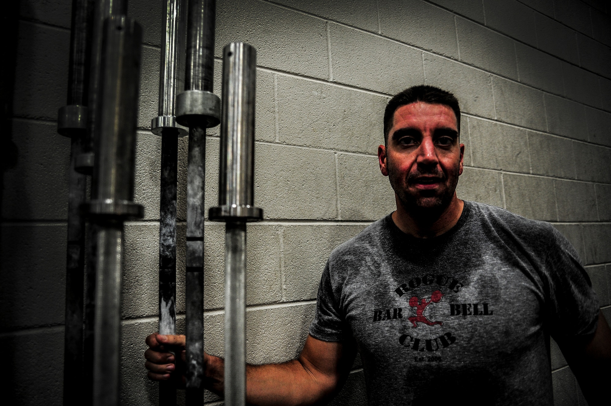 Master Sgt. Steven Hart, 628th Security Forces Squadron first sergeant, poses for a photo after completing an hour-long CrossFit workout Nov. 19, 2012, at the Joint Base Charleston – Air Base gymnasium. Hart assisted other participants with proper form and technique. (U.S. Air Force photo/ Senior Airman Dennis Sloan)