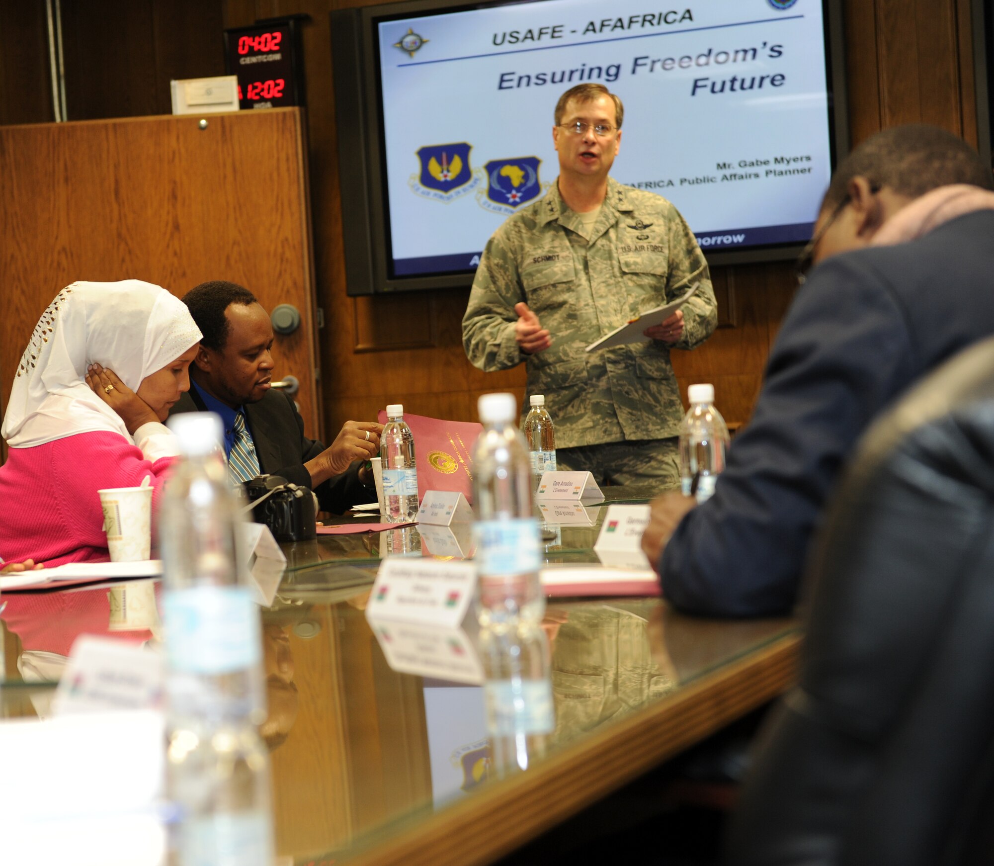 RAMSTEIN AIR BASE, Germany -- Maj. Gen.  Stephen D. Schmidt, Special Assistant to the Commander for United States Air Forces in Europe, welcomes members of the Niger and Burkina Faso media here Nov. 28 during a visit to Headquarters United States Air Forces Africa. The media visit was part of U.S. African Command’s public information initiative. U.S. Air Force photo by Tech. Sgt. James M. Hodgman