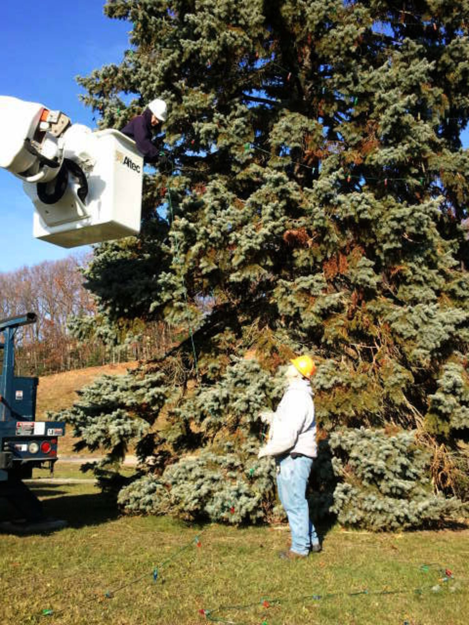 HANSCOM AIR FORCE BASE, Mass. – Bill Coen and Michel Perritt, both high voltage electricians, work to strand lights on a tree at the corner of Barksdale and Grenier streets Nov. 23. Twinkling lights are one of the many signs of the approaching holiday season on base. (Courtesy photo)  