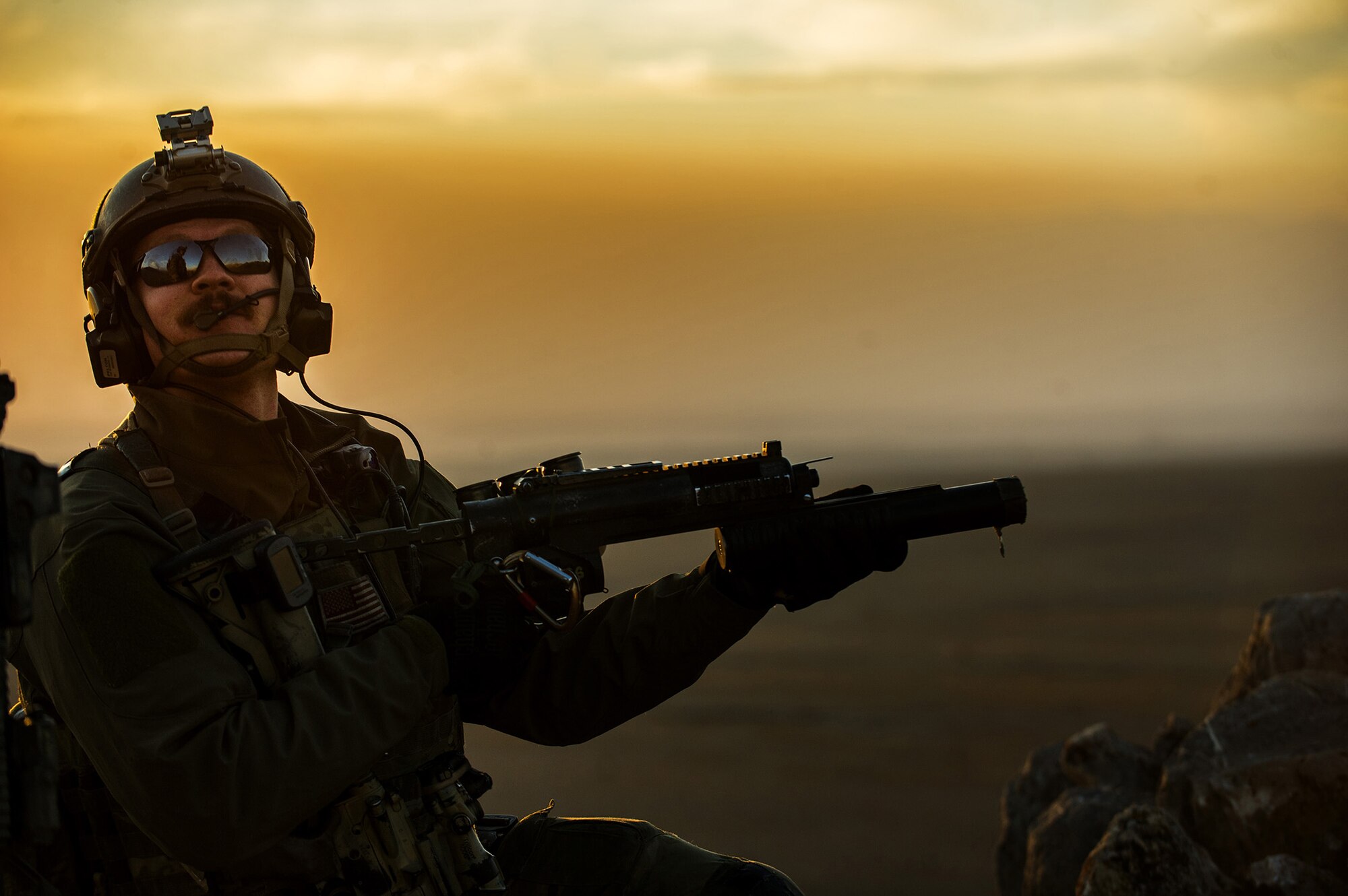 A U.S. Air Force pararescueman, 83rd Expeditionary Rescue Squadron, provides security using a stand alone M203 grenade launcher Nov. 7, 2012, in Afghanistan. Pararescue teams assault, secure, and dominate the rescue objective area using any available Department of Defense or Allied, air, land, or sea asset. (U.S. Air Force photo/Staff Sgt. Jonathan Snyder)