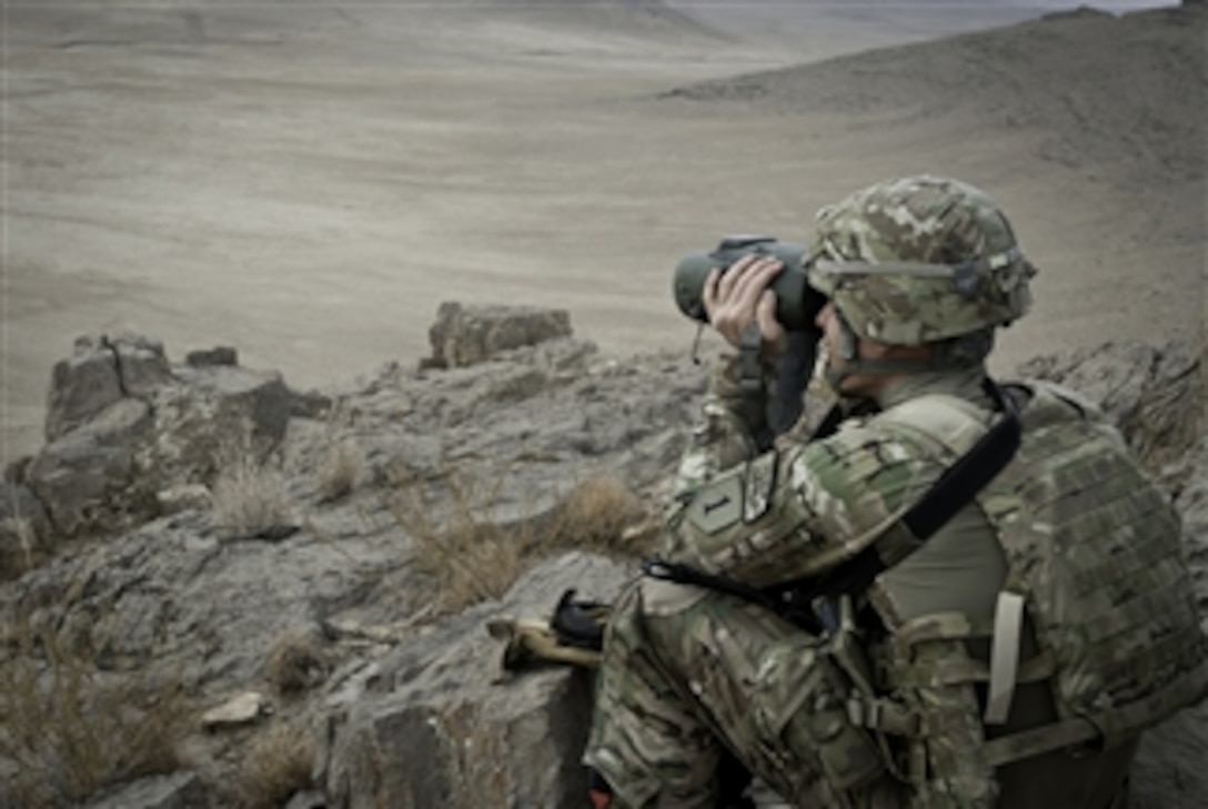 A soldier watches the impact area as artillery rounds are fired during a live fire exercise in eastern Afghanistan on Nov. 25, 2012.  