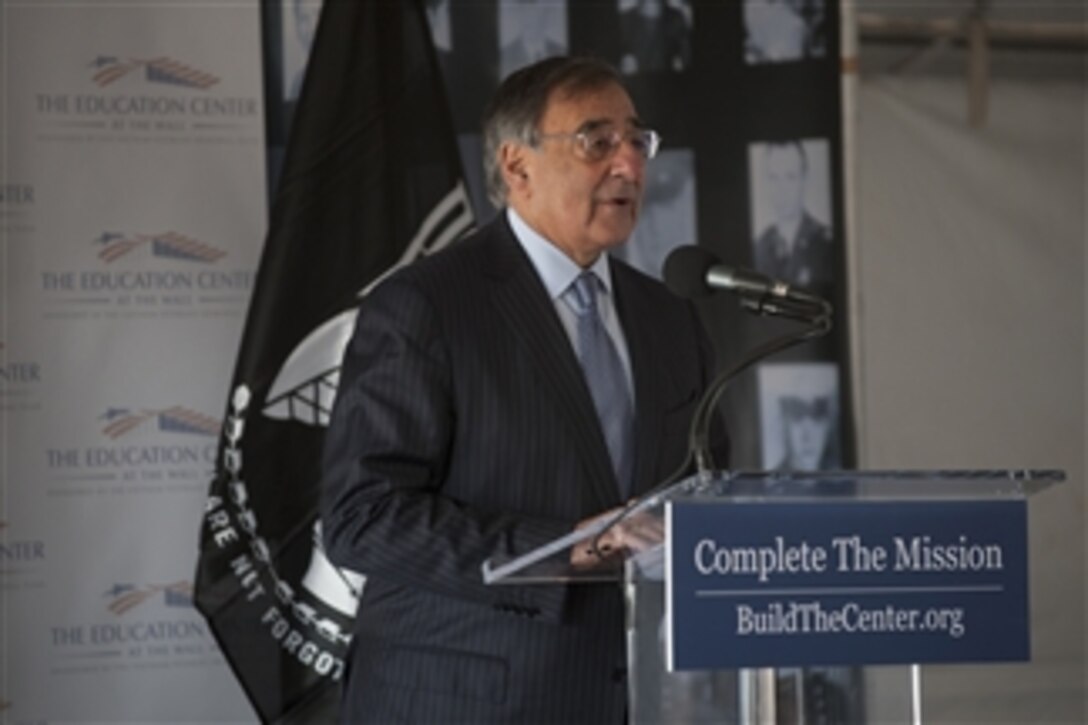Secretary of Defense Leon E. Panetta addresses audience members at a groundbreaking ceremony for The Education Center at The Wall in Washington, D.C., on Nov. 28, 2012.  The center, which will honor veterans from several U.S. wars, will bring to life the stories of the more than 58,000 U.S. service members who were lost during the Vietnam War.  Stories and photos of the fallen from Iraq and Afghanistan also will be featured until those veterans have their own national place of honor.  