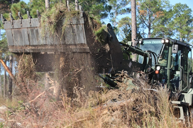 Lance Cpl. Lawrence Hulst, a Marine Wing Support Squadron 273 heavy equipment operator, clears brush on Paige Field, Nov. 19. The work of these Marines will improve the envirionment to better supprot the local wildlife and hunters.