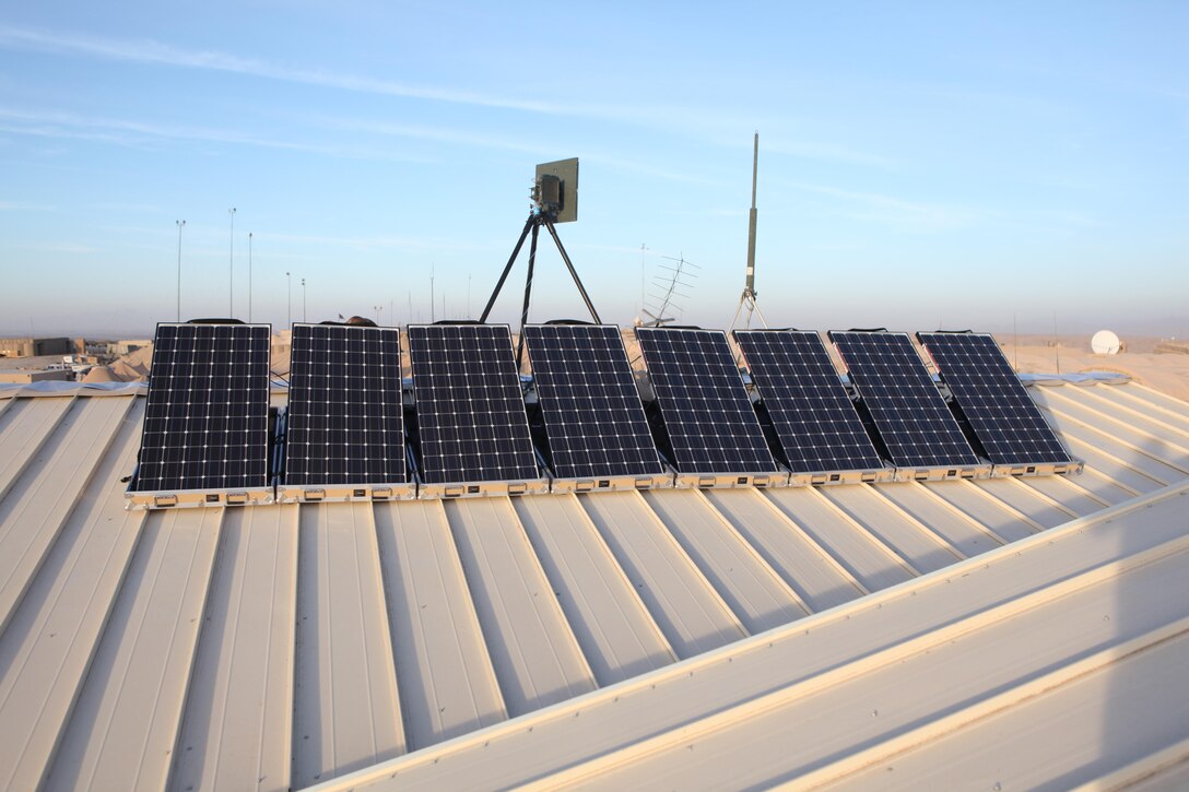 Solar panels used to collect energy emitted by the sun are mounted to the roof of Shock Trauma Platoon, Charlie Company, 1st Medical 
Battalion, Combat Logistics Regiment 15 on Combat Outpost Shukvani, Helmand province, Afghanistan, Nov. 19, 2012. These upgrades will allow surgeons to maintain power to their critical equipment in the event of a power outage.
