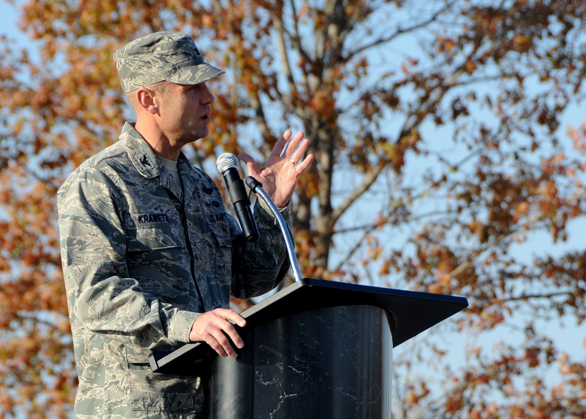 ALTUS AIR FORCE BASE, Okla. – Col. Anthony Krawietz, 97th Air Mobility Wing commander, speaks to leaders from Altus AFB and the surrounding community during the Honorary Commander Induction Ceremony at Wings of Freedom Park, Nov. 29, 2012. The ceremony was held to appoint members of the community as Honorary Commanders of Altus AFB groups and squadrons. The purpose of the Honorary Commander program is to foster and strengthen the friendship and partnership between the base and surrounding community. (U.S. Air Force photo by Airman 1st Class Levin Boland / Released) 