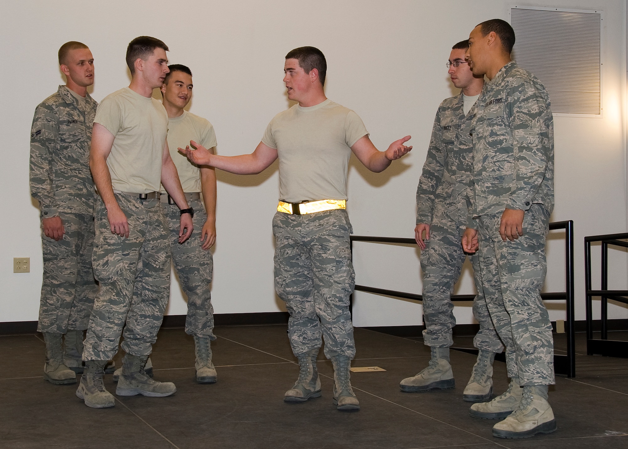 Students-Not-In-Training (SNIT) role play different stressful scenarios during training conducted by the Family Advocacy office at the Solid Rock Café at Sheppard Air Force Base, Texas, on Oct. 17, 2012. Students learn how to cope with stressful situations by learning good communication skills and appropriate action. (U.S. Air Force photo/Frank Carter)