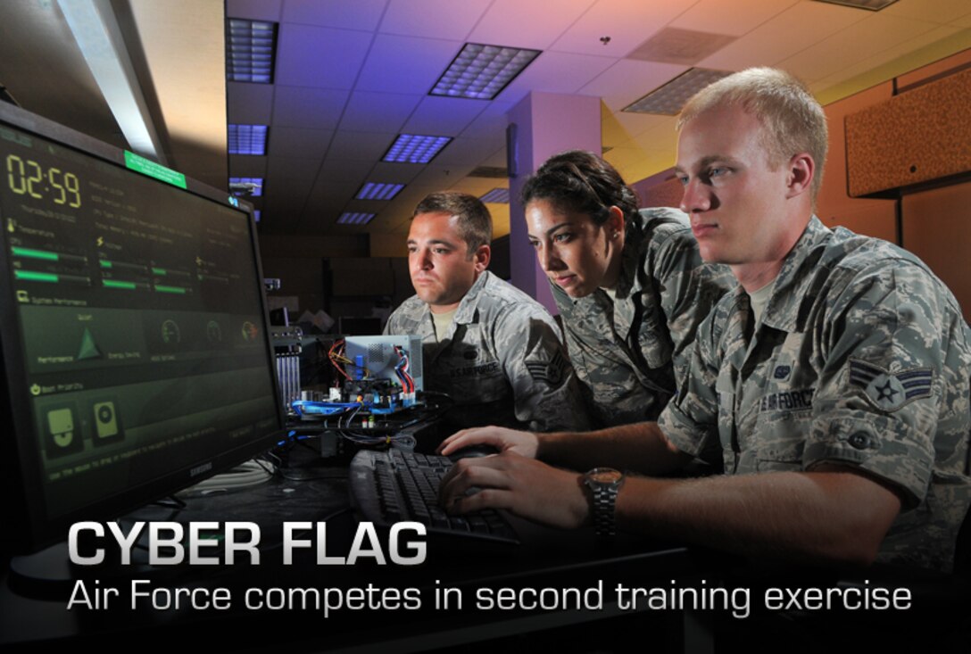 2nd Lt. Stephanie Stanford, 90th Information Operations Squadron cyber development lead, Staff Sgt. Aaron Wendel, 90th IOS cyber network technician, and Senior Airman Brett Tucker, 90th IOS cyber systems operator, perform cyber operations Aug. 1 at Lackland Air Force Base, Texas. (U.S. Air Force photo by Boyd Belcher)
