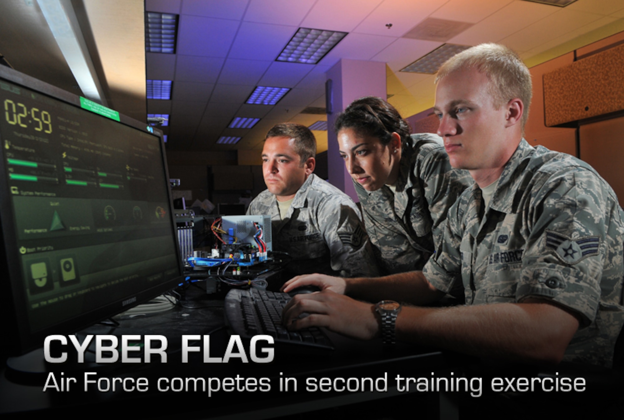 2nd Lt. Stephanie Stanford, 90th Information Operations Squadron cyber development lead, Staff Sgt. Aaron Wendel, 90th IOS cyber network technician, and Senior Airman Brett Tucker, 90th IOS cyber systems operator, perform cyber operations Aug. 1 at Lackland Air Force Base, Texas. (U.S. Air Force photo by Boyd Belcher)
