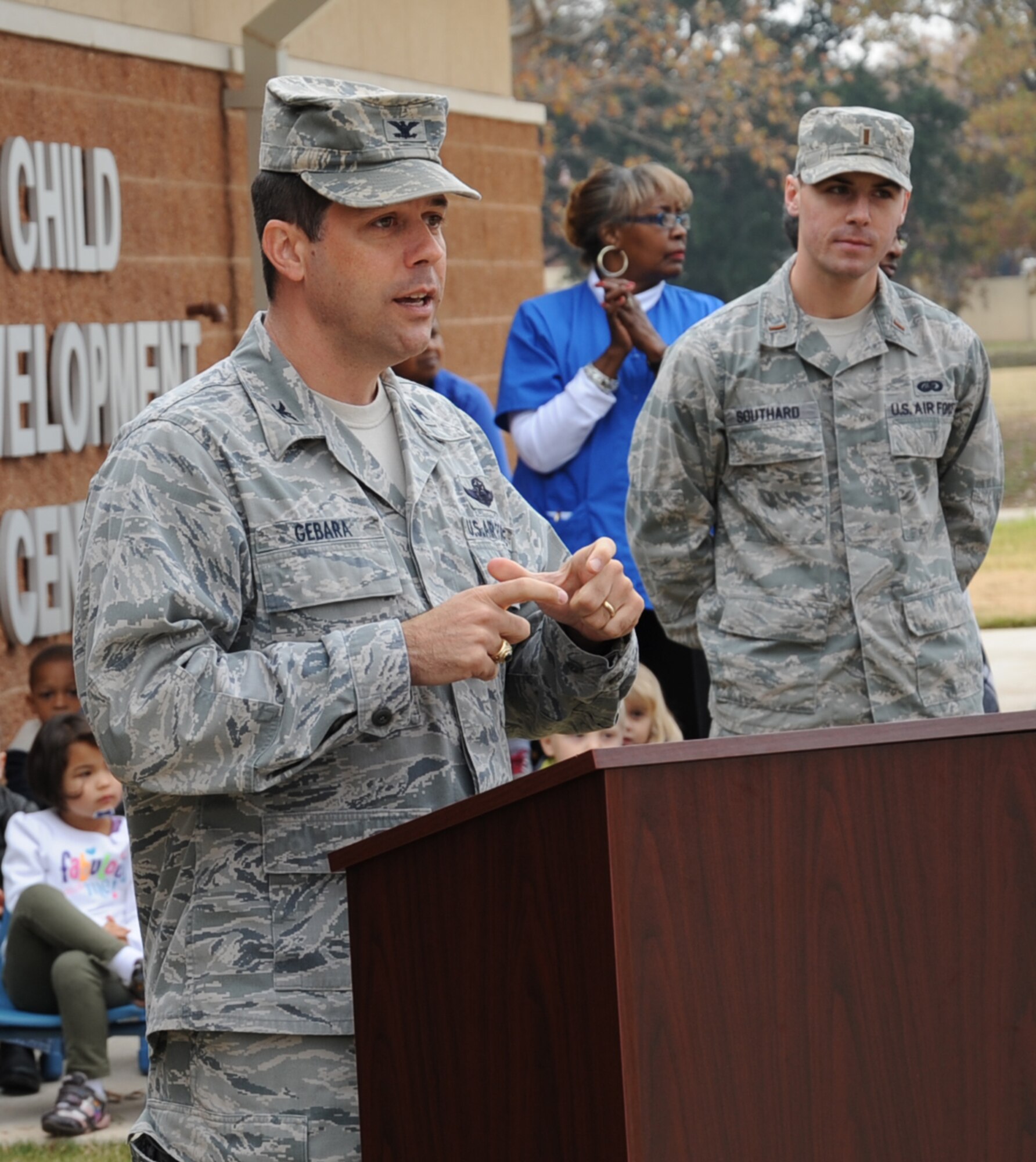 Col. Andrew Gebara, 2nd Bomb Wing commander, gives opening remarks during the Child Development Center West ribbon cutting ceremony on Barksdale Air Force Base, La., Nov. 30.  The $5 million project began October 2011, and will house 142 children in eight classrooms. It was developed to offset, and eliminate the extensive wait list. (U.S. Air Force photo/Senior Airman Sean Martin)